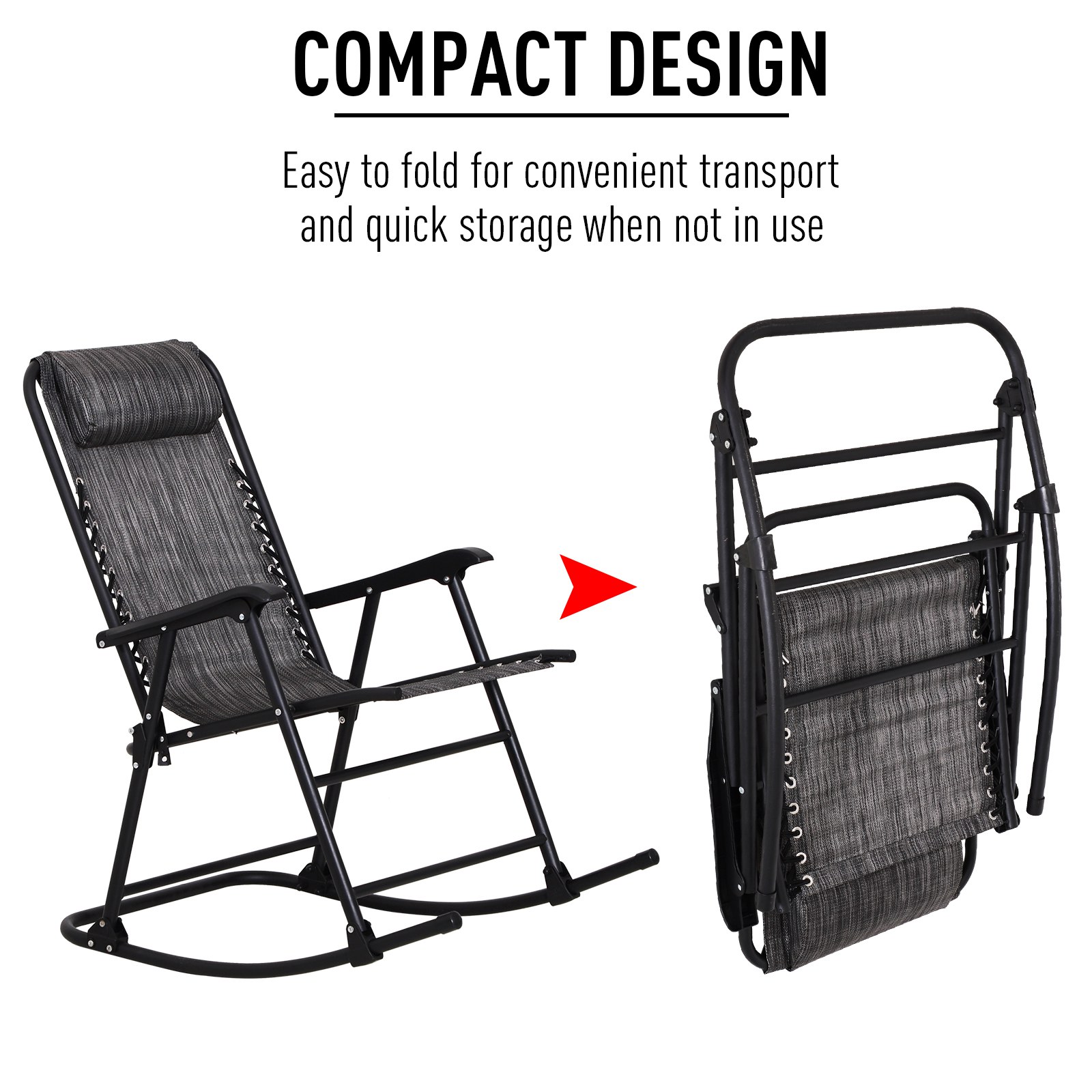 Outsunny Rocking Chair, Folding Outdoor Adjustable Zero-Gravity Rocker with Headrest for Camping, Fishing, Patio, Grey
