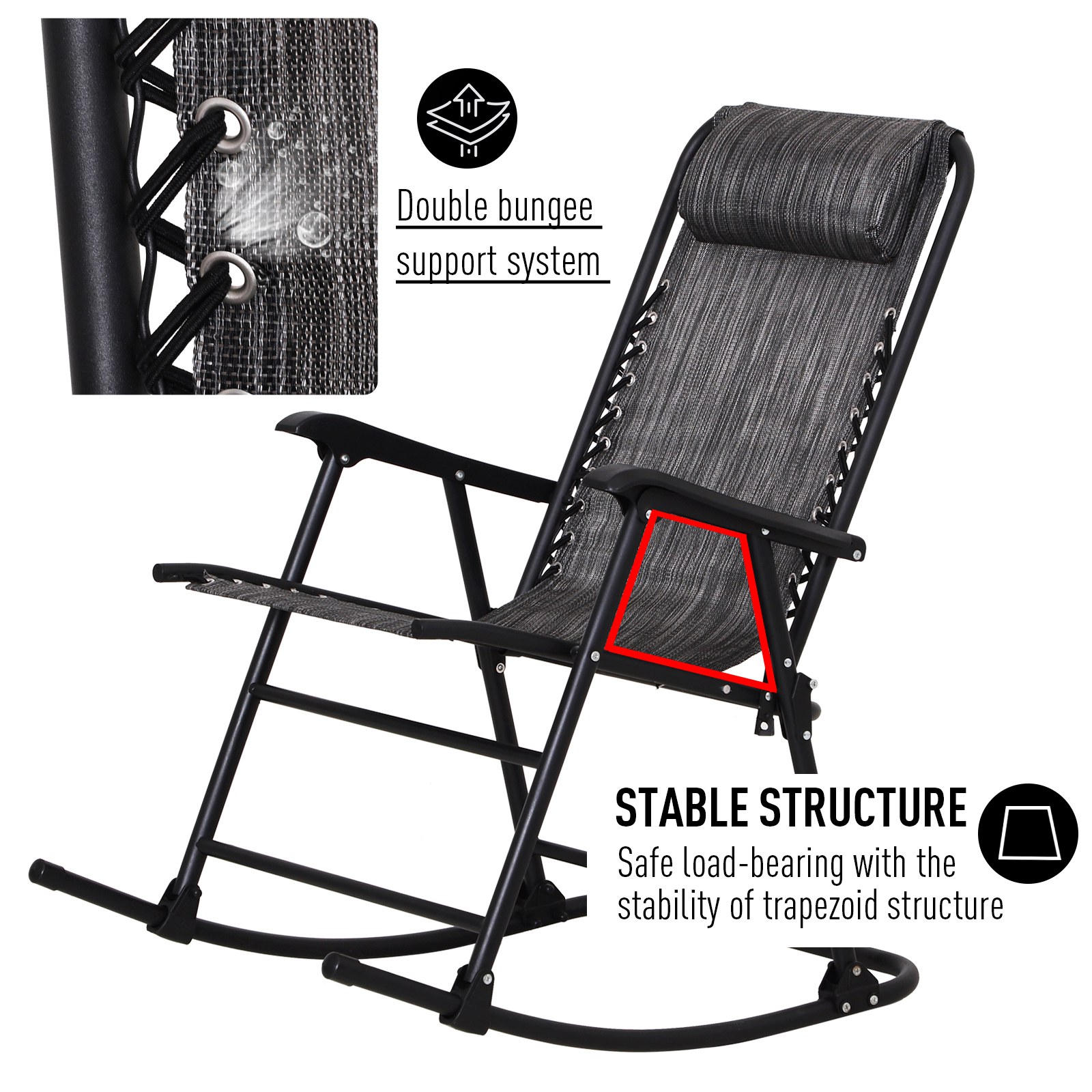 Outsunny Rocking Chair, Folding Outdoor Adjustable Zero-Gravity Rocker with Headrest for Camping, Fishing, Patio, Grey