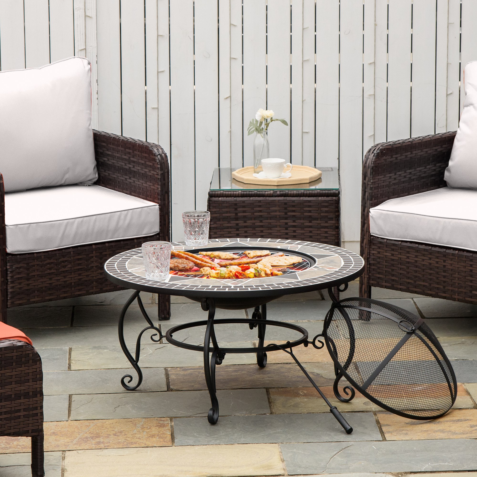 Outsunny Multi-Functional Outdoor Fire Pit, Patio Heater with BBQ Grill, Spark Screen Cover & Fire Poker for Garden Bonfire, Black