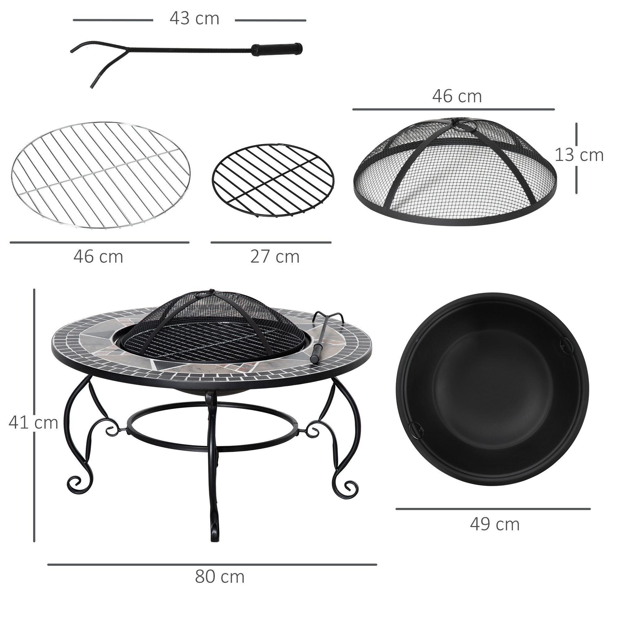 Outsunny Multi-Functional Outdoor Fire Pit, Patio Heater with BBQ Grill, Spark Screen Cover & Fire Poker for Garden Bonfire, Black