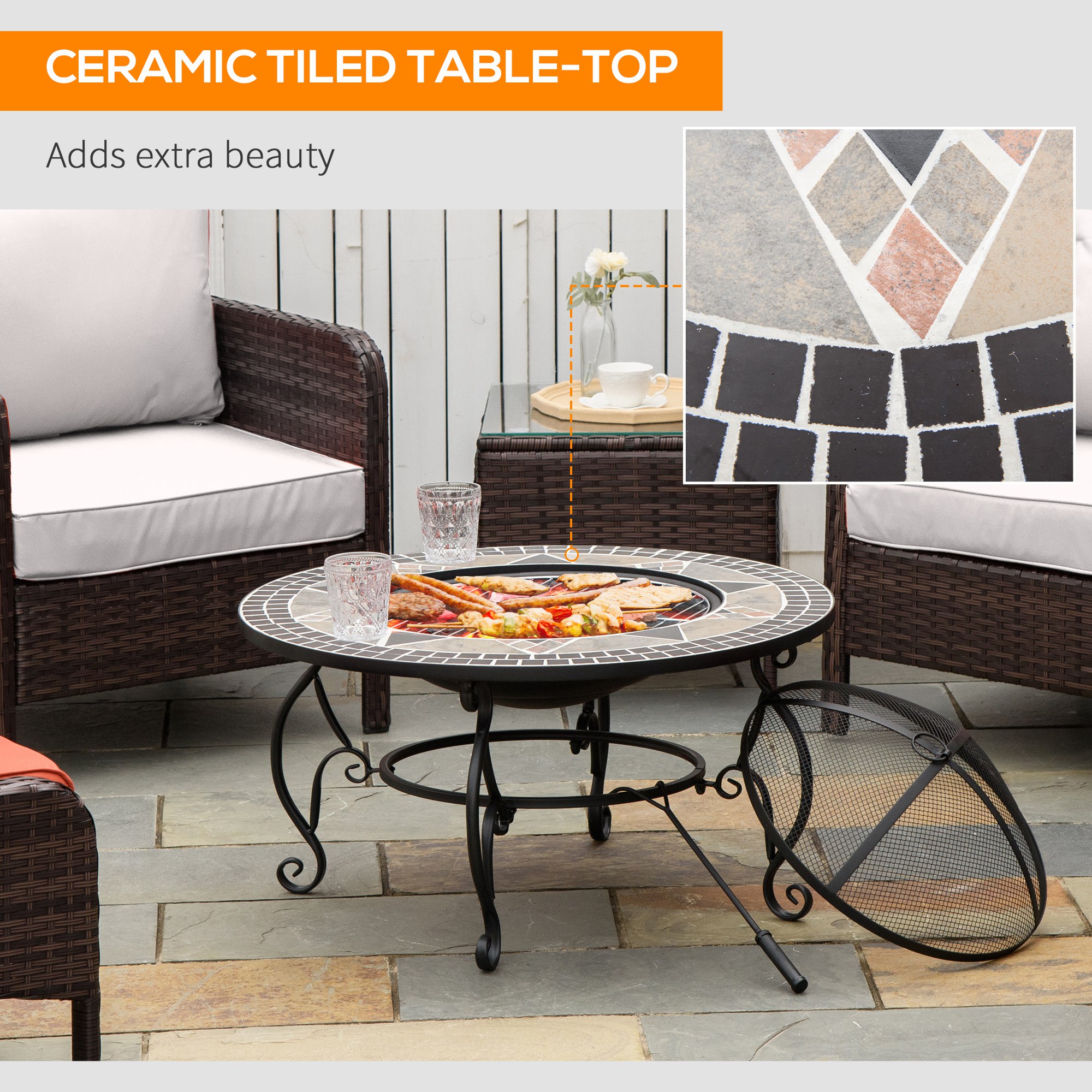 Outsunny Multi-Functional Outdoor Fire Pit, Patio Heater with BBQ Grill, Spark Screen Cover & Fire Poker for Garden Bonfire, Black