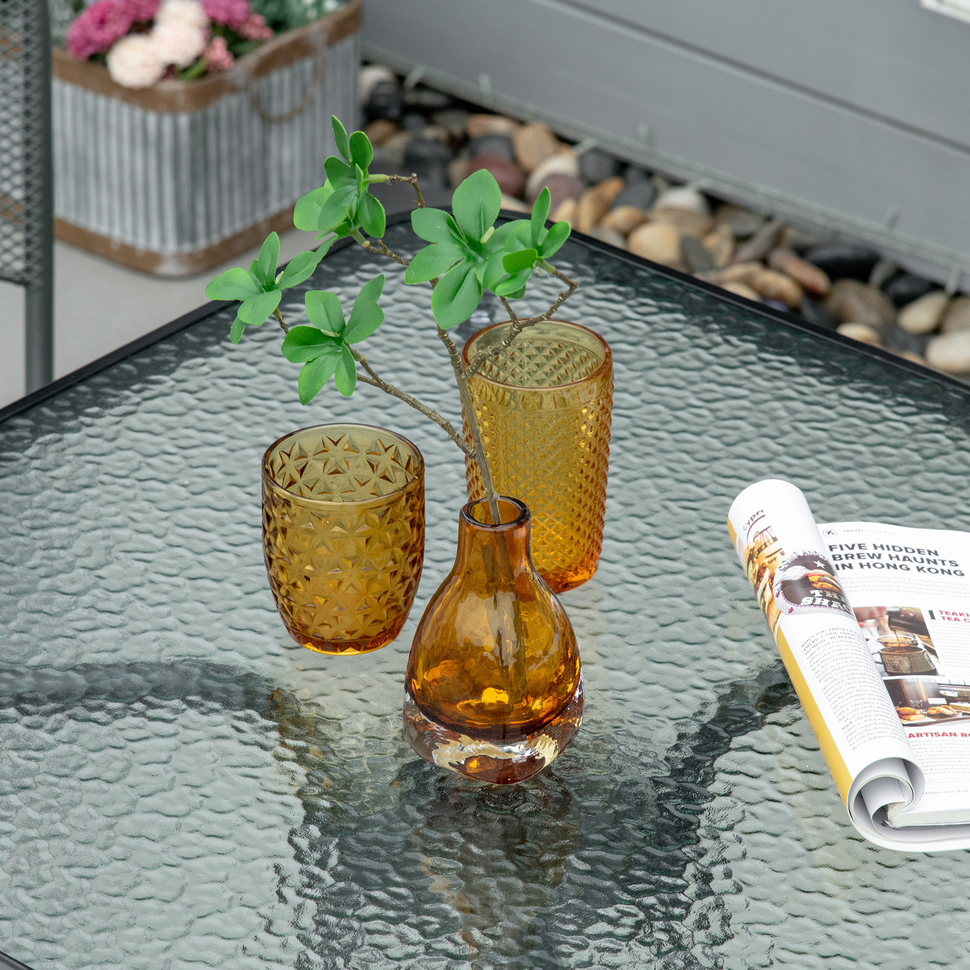 Outsunny Bistro Patio Table, Square Tempered Glass Top Dining Table, Steel Frame Outdoor Coffee Table with Umbrella Hole