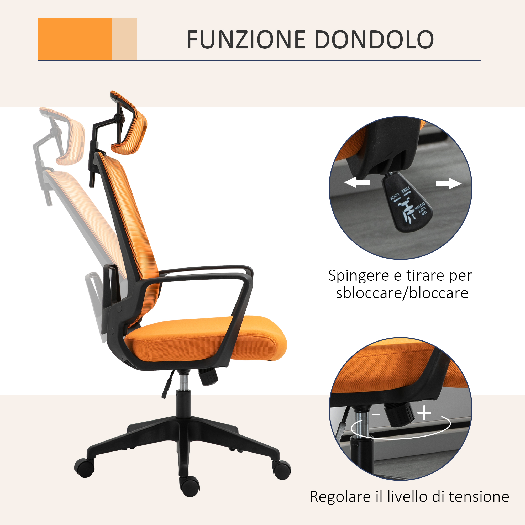 Vinsetto Sedia da Ufficio Girevole Ergonomica con Altezza Regolabile