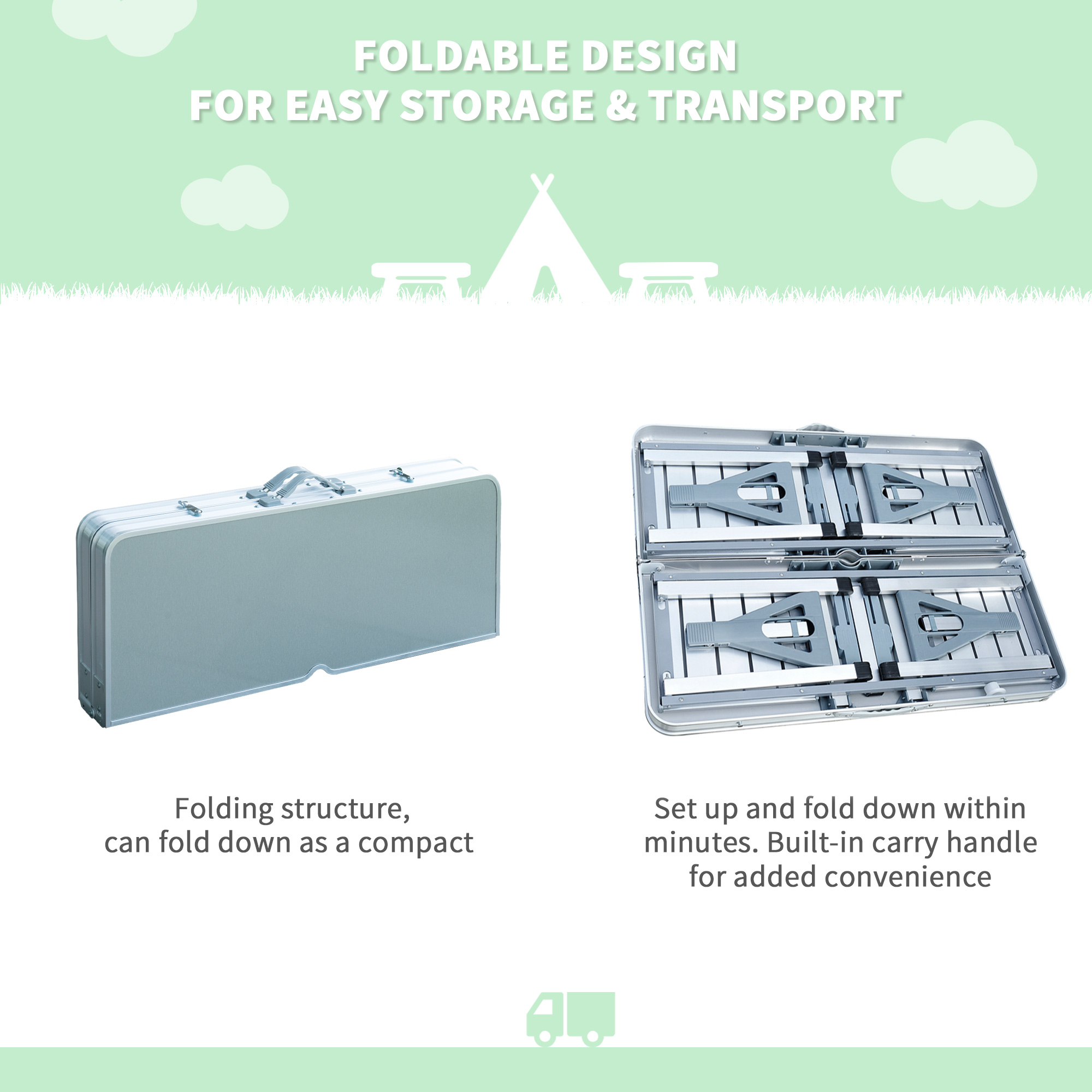 Outsunny Folding Camping Table and Chairs Set, Portable Picnic Table with Stools, Aluminium Outdoor Garden BBQ Party Field Kitchen