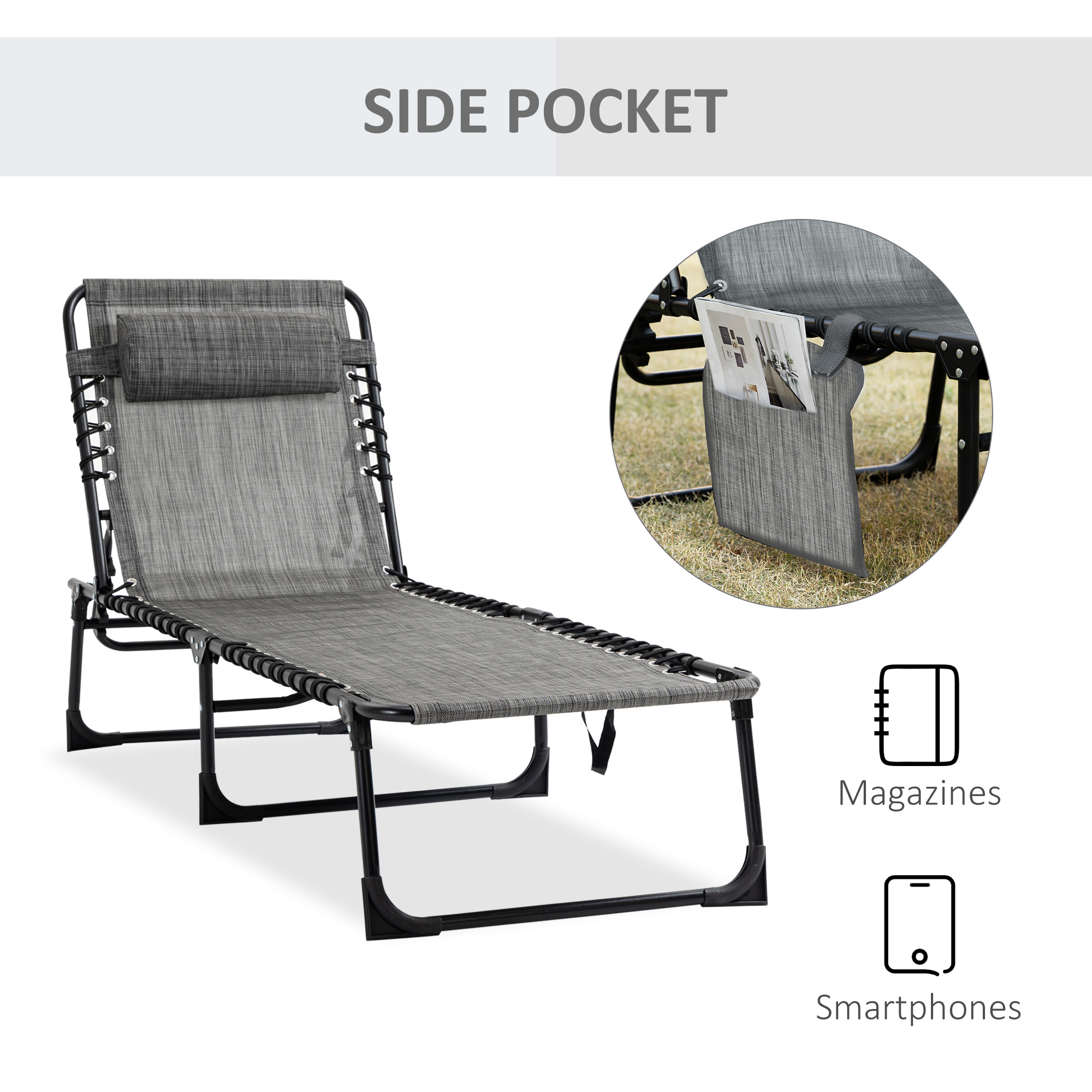 Outsunny Folding Sun Lounger, Portable Reclining Camping Bed with 5-Position Adjustable Backrest, Pillow Included, Mixed Grey