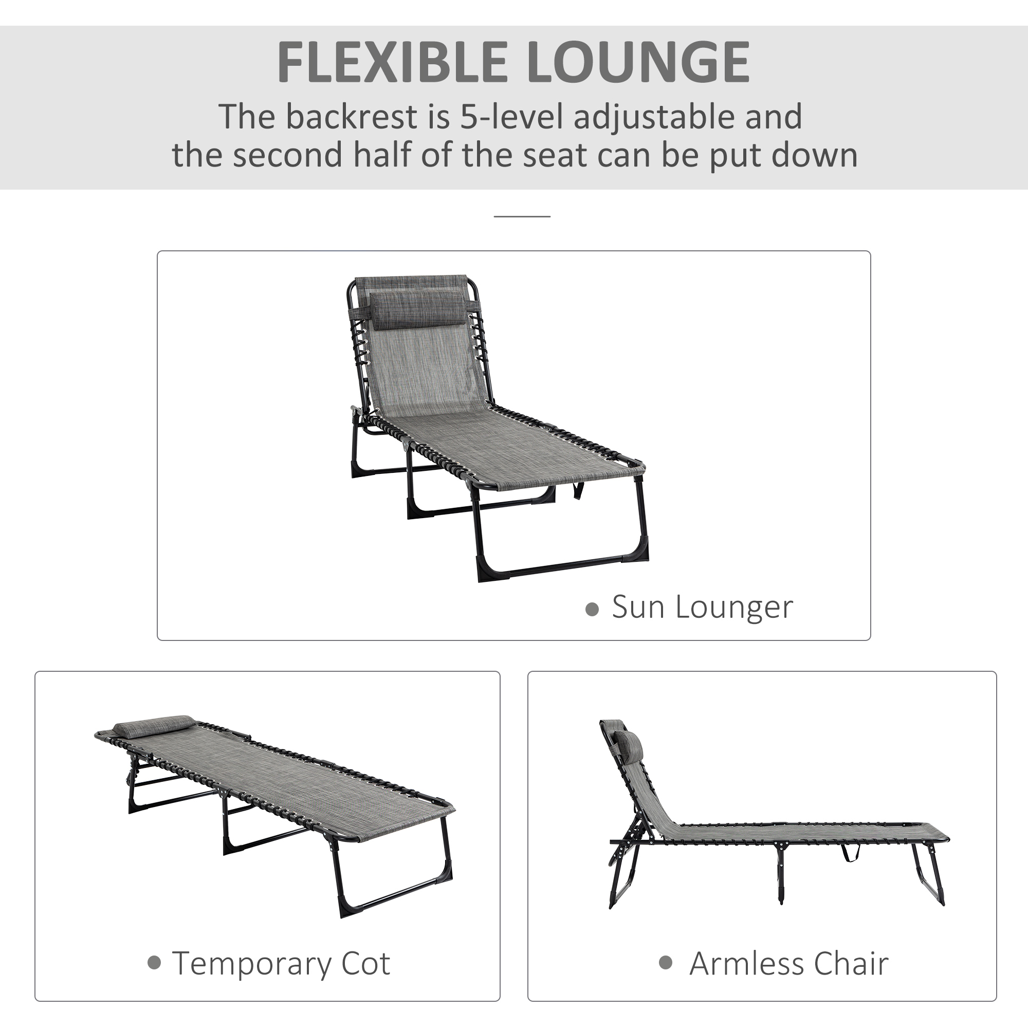Outsunny Folding Sun Lounger, Portable Reclining Camping Bed with 5-Position Adjustable Backrest, Pillow Included, Mixed Grey