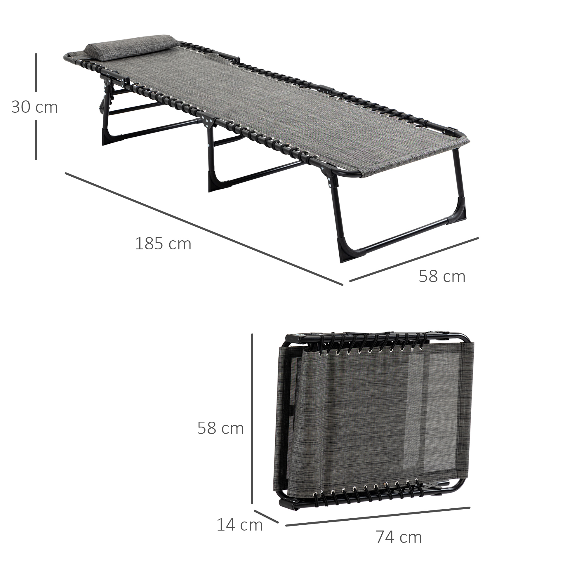 Outsunny Folding Sun Lounger, Portable Reclining Camping Bed with 5-Position Adjustable Backrest, Pillow Included, Mixed Grey