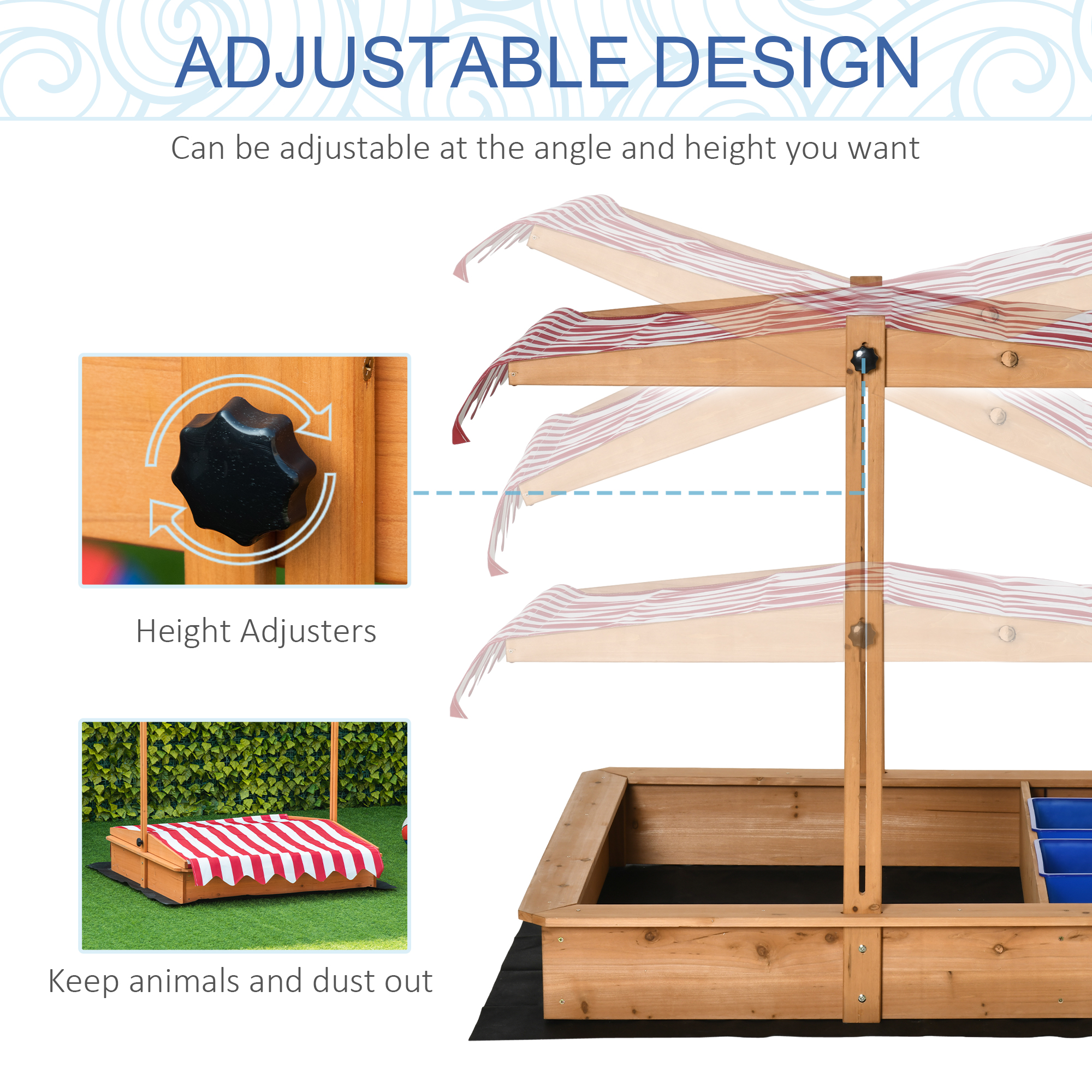 Outsunny Kids Wooden Sandbox, Children Sand Play Station Outdoor with Adjustable Height Cover, Bottom Liner, Seat, Plastic Basins, Aged 3-7 Years Old