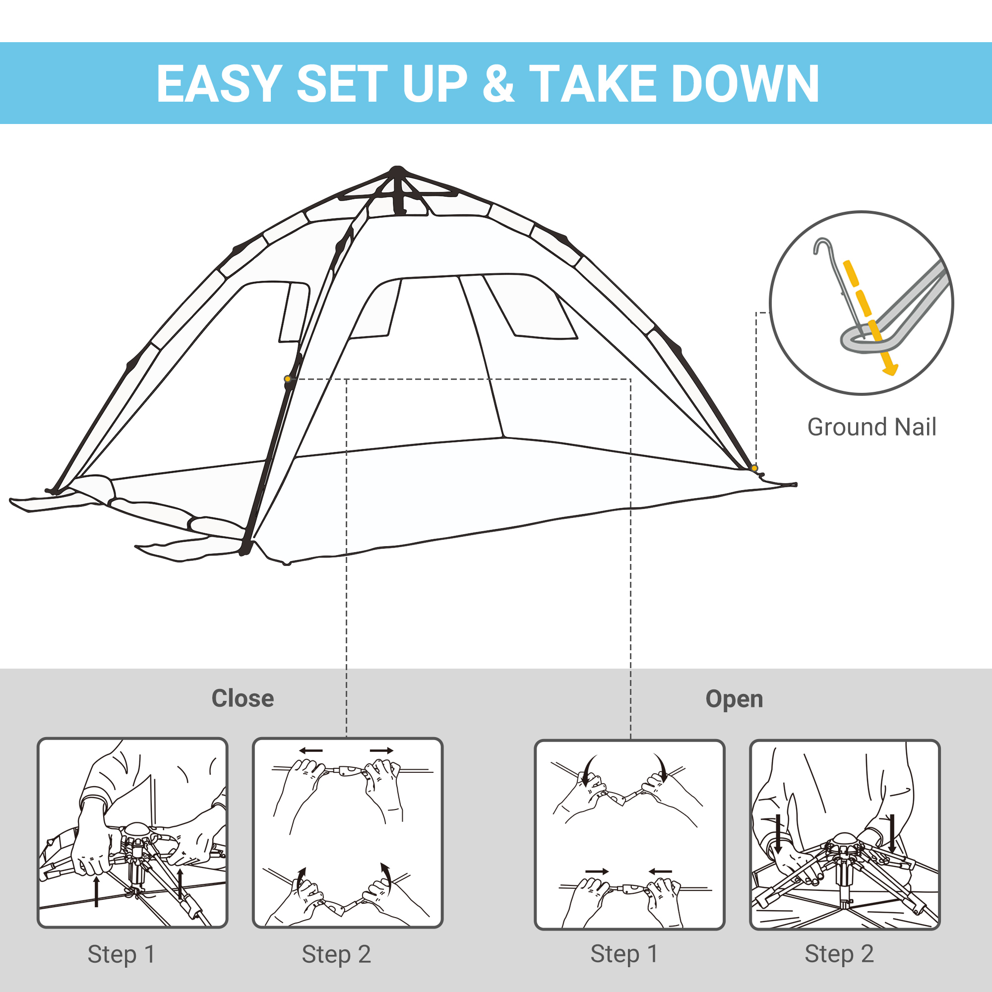 Outsunny Pop-up UV Protection Beach Tent, Waterproof Sun Shade Shelter for 1-2 Person with Ventilating Mesh Windows & Sandbags, Light Blue