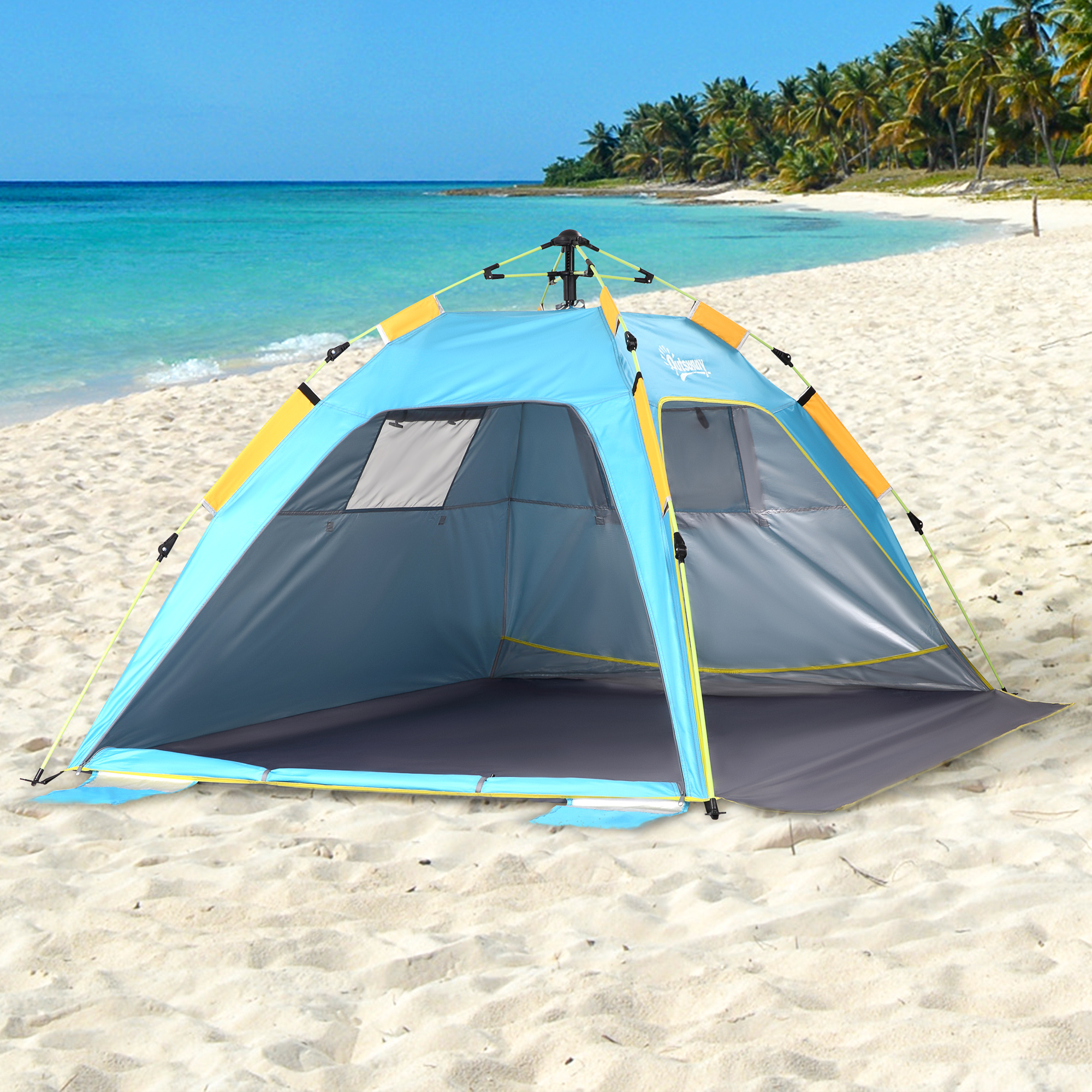Outsunny Pop-up UV Protection Beach Tent, Waterproof Sun Shade Shelter for 1-2 Person with Ventilating Mesh Windows & Sandbags, Light Blue