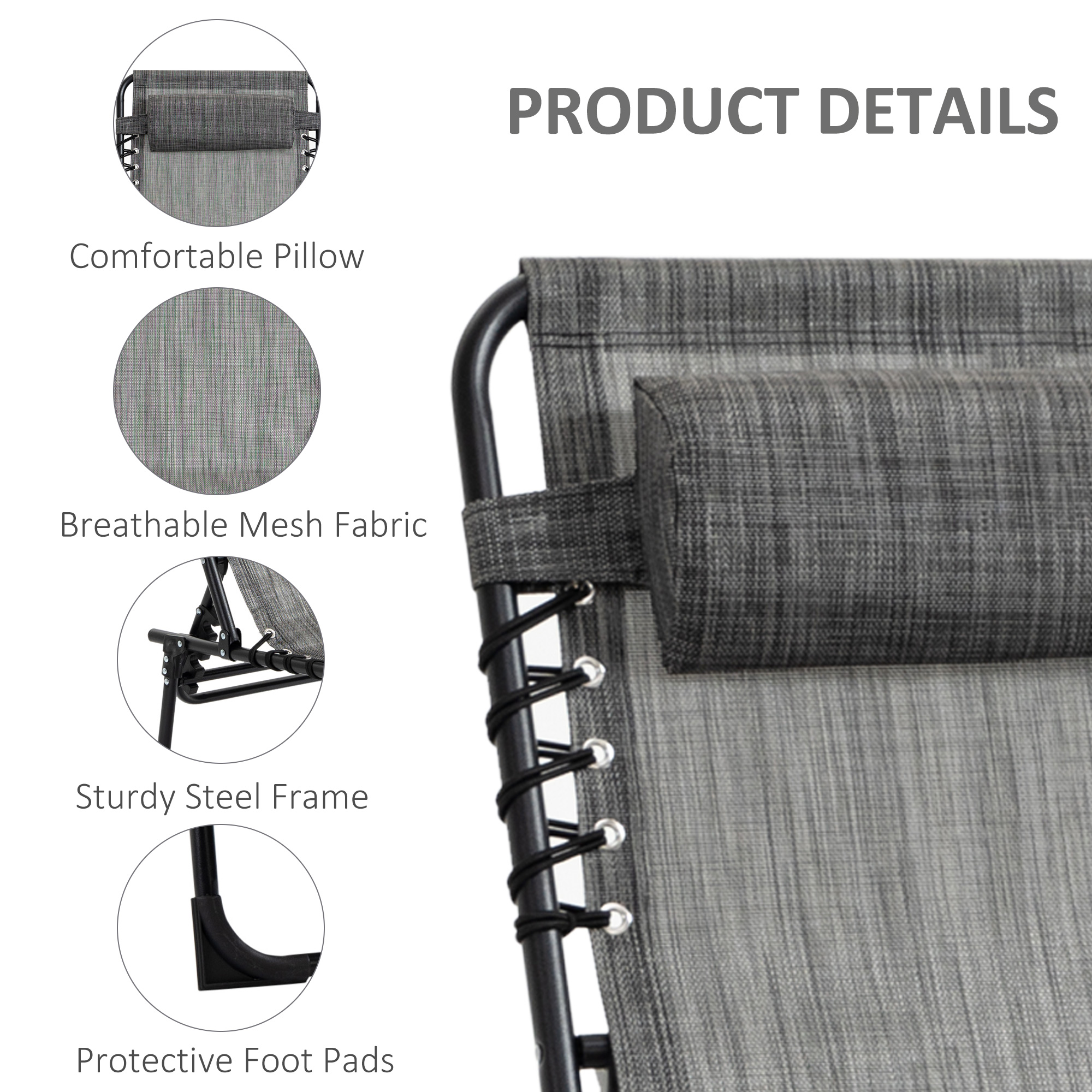 Outsunny Folding Sun Lounger, Portable Reclining Camping Bed with 5-Position Adjustable Backrest, Pillow Included, Mixed Grey