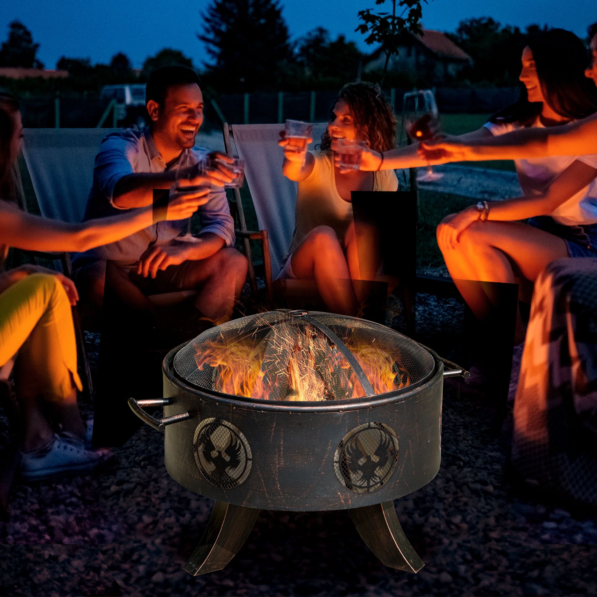 Outsunny Outdoor Fire Pit Patio Heater Charcoal Log Wood Burner with Screen Cover, Fire Bowl with Poker for Backyard, Bronze Tone