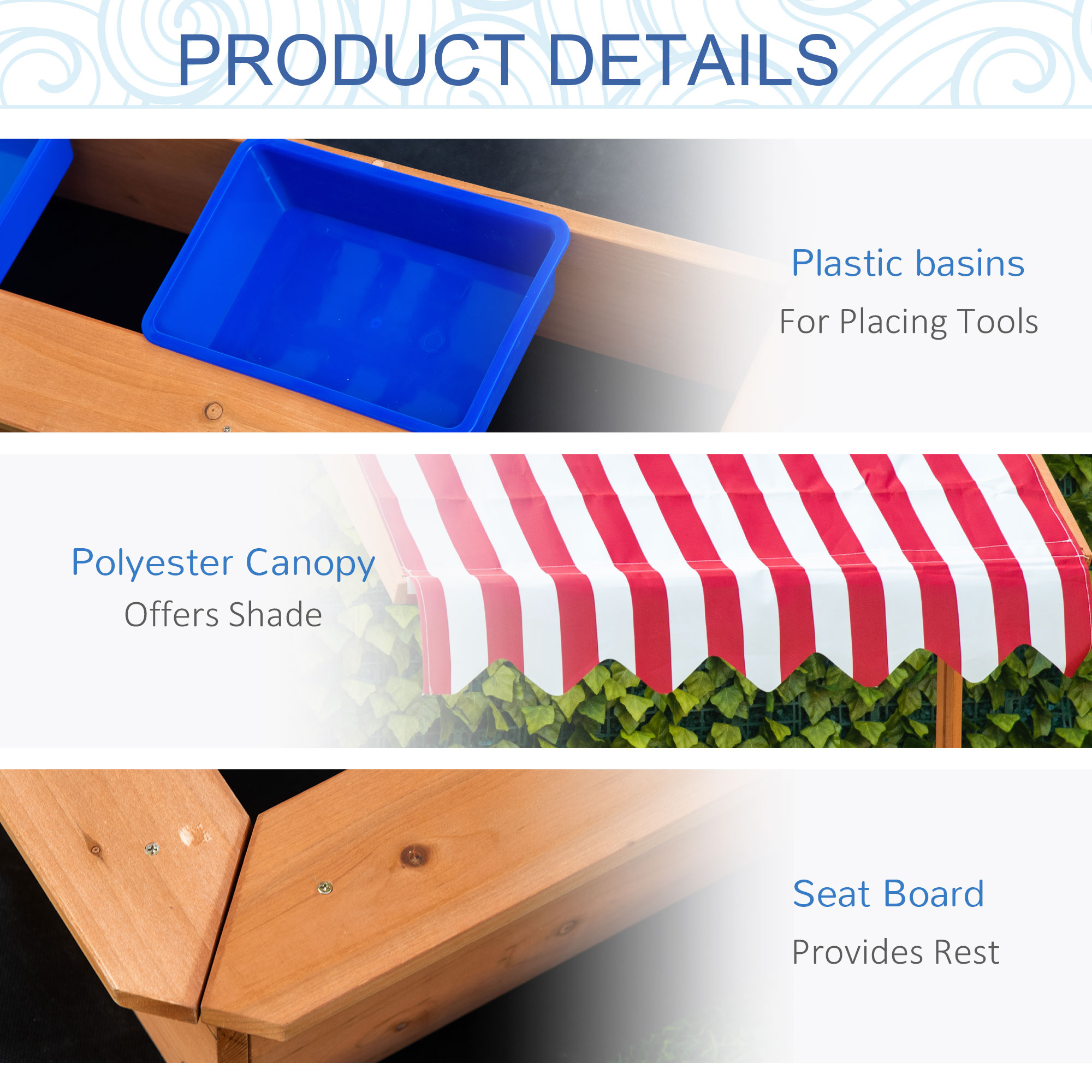 Outsunny Kids Wooden Sandbox, Children Sand Play Station Outdoor with Adjustable Height Cover, Bottom Liner, Seat, Plastic Basins, Aged 3-7 Years Old