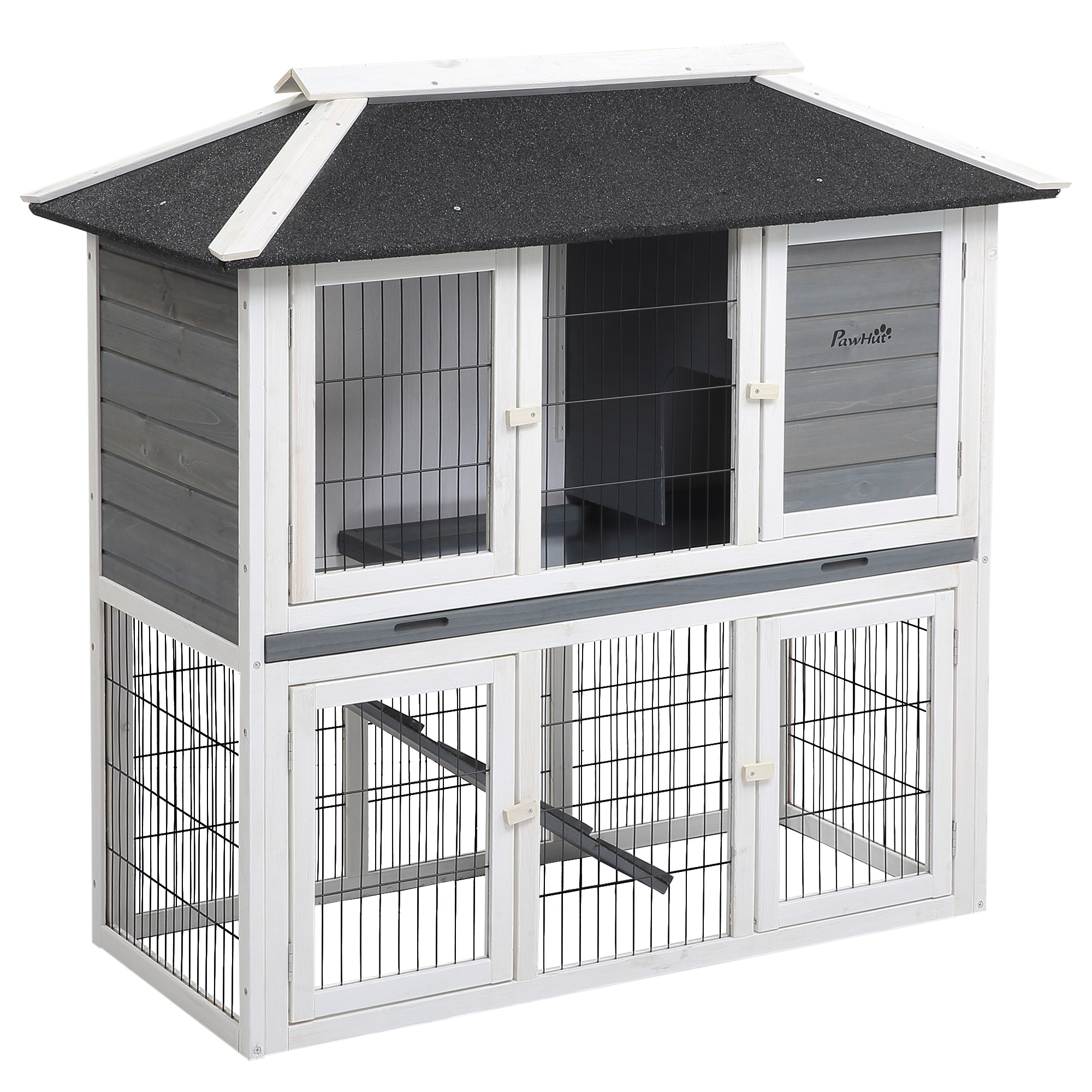 PawHut Clapier en bois pour lapin à 2 étages 4 portes verrouillables plateau coulissant rampe - 117L x 62,5l x 115H cm - bois de sapin gris blanc