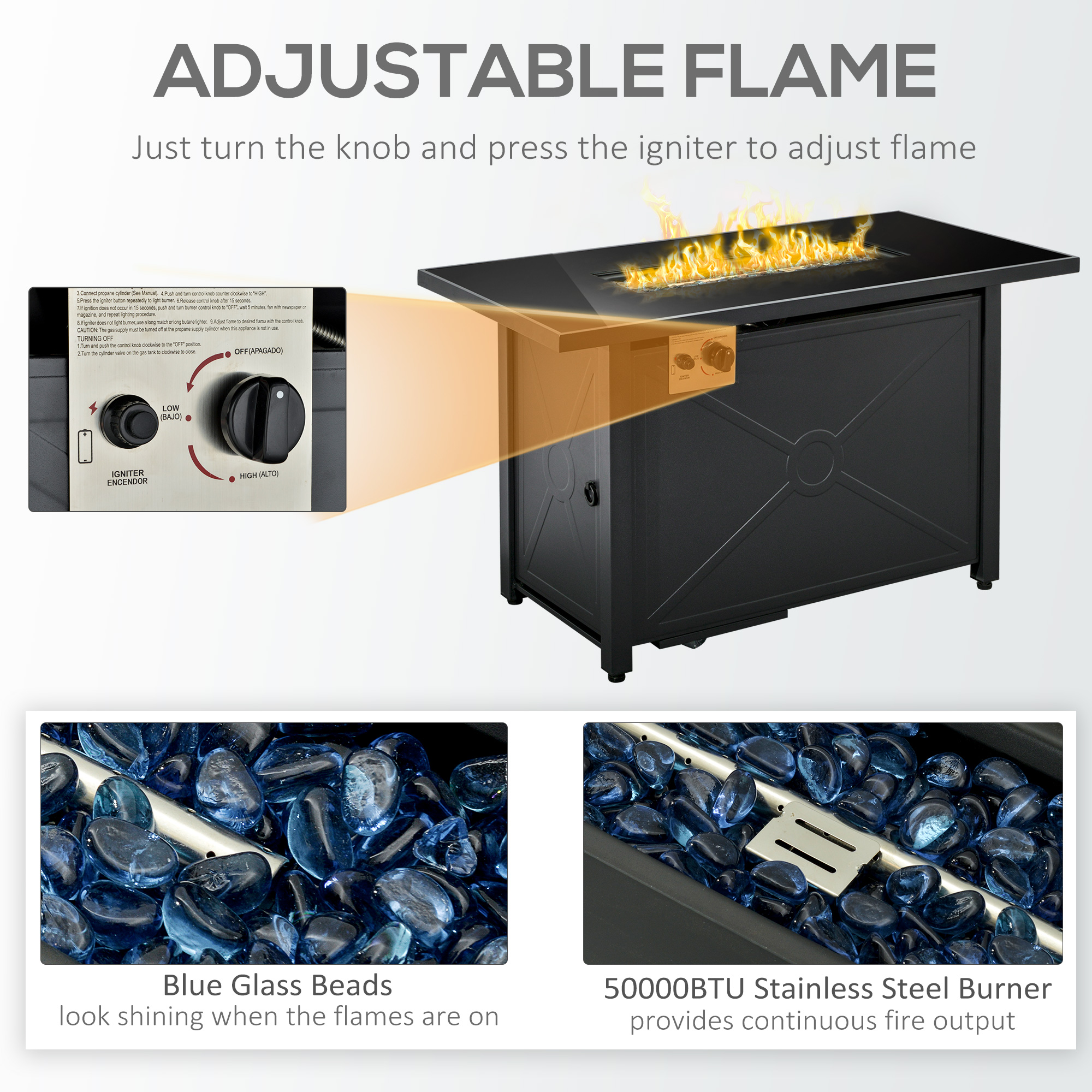 Outsunny Propane Gas Fire Pit Table, 50000BTU Smokeless Firepit Outdoor Patio Heater with Tempered Glass Tabletop, Cover, 109cm x 56cm x 64cm, Black