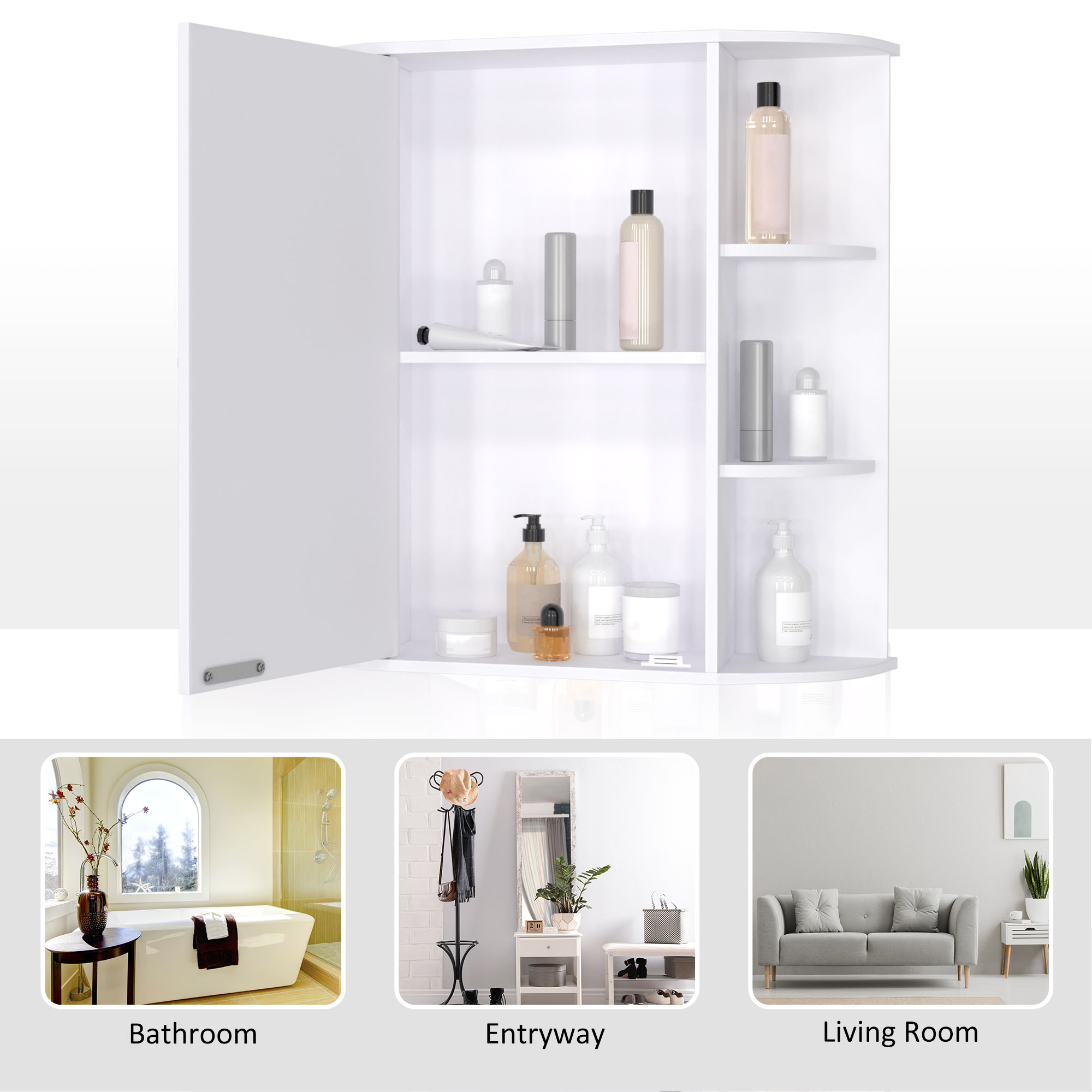 HOMCOM Wall Mounted Bathroom Mirror Cabinet, Single Door Storage Organizer with 2-tier Inner Shelves, White.