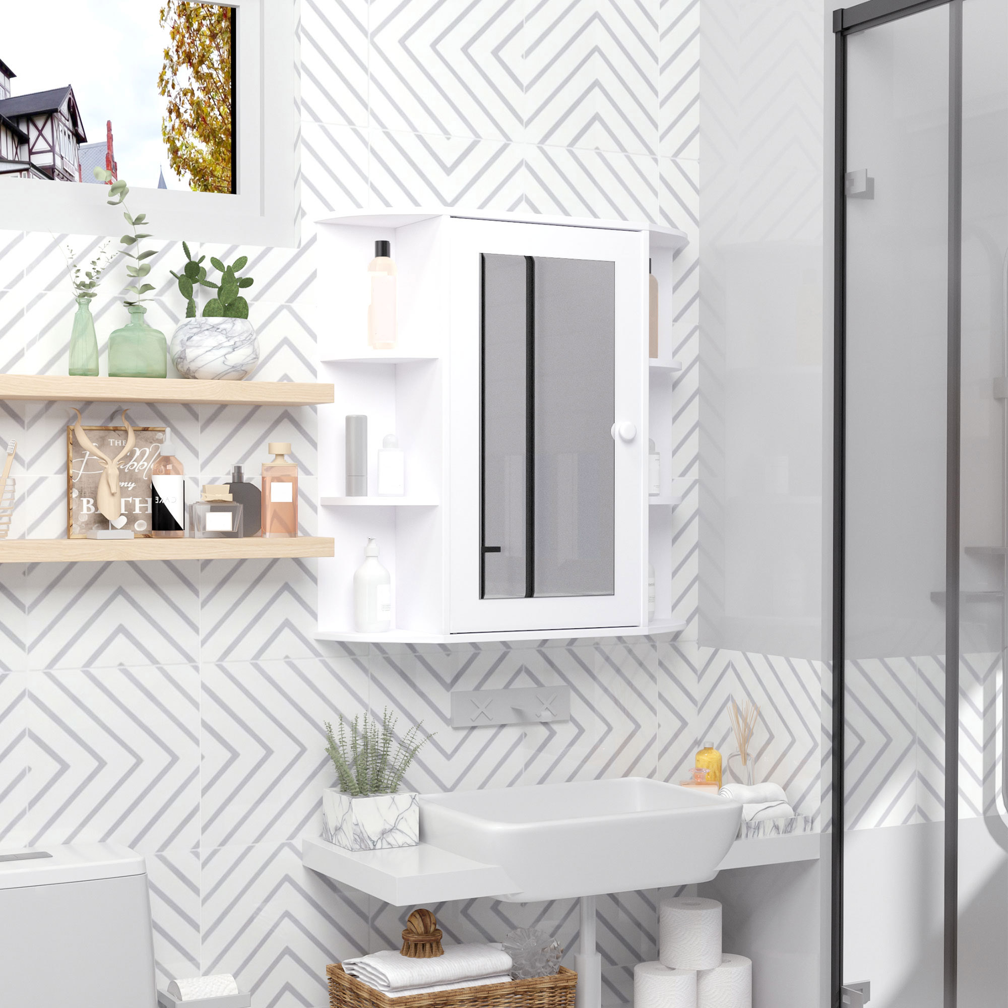 HOMCOM Wall Mounted Bathroom Mirror Cabinet, Single Door Storage Organizer with 2-tier Inner Shelves, White.