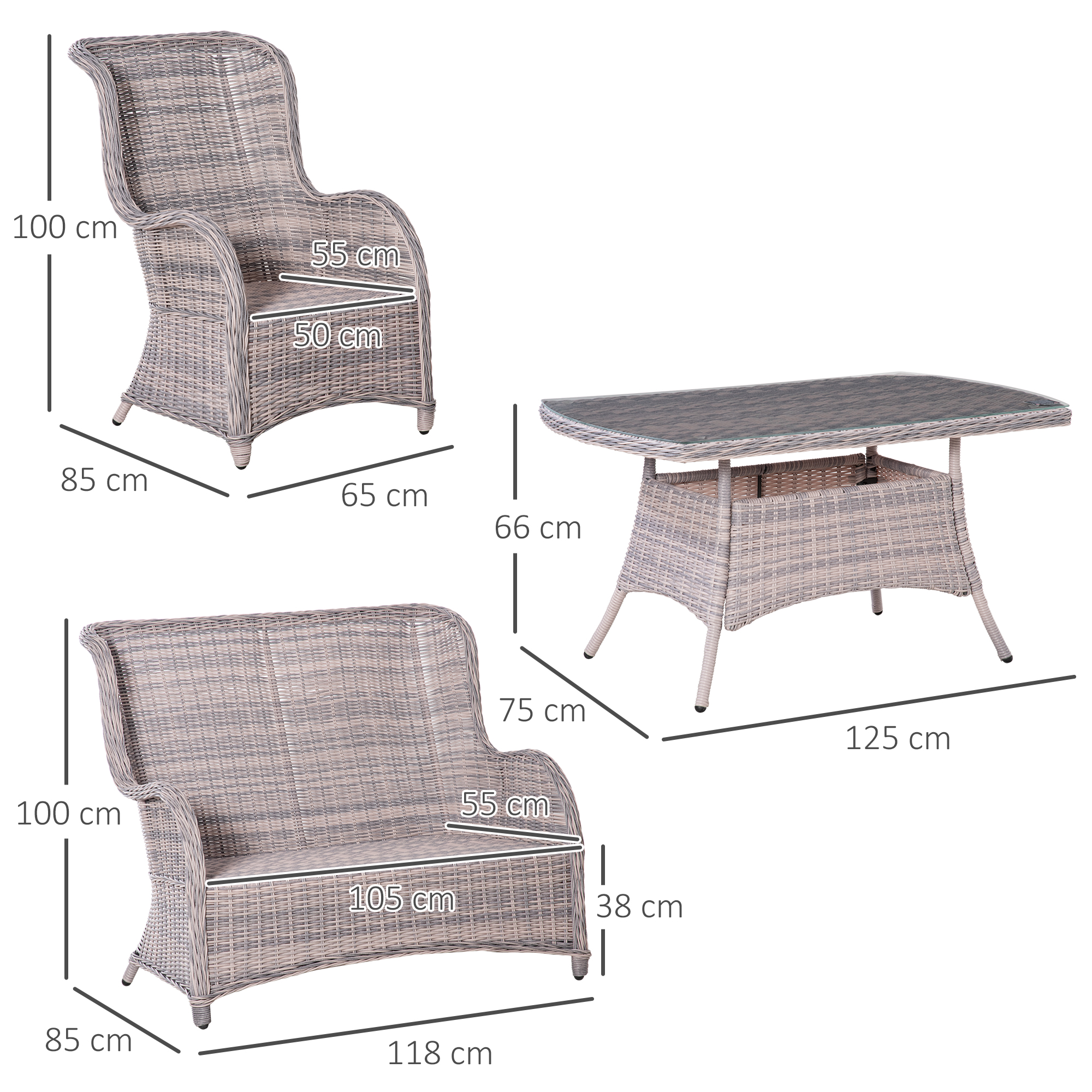 Outsunny Garden PE Rattan Dining Sofa Set, Outdoor 4 Seater Wicker Furniture, High Back Chairs with Cushions for Lawn, Backyard, Mixed Grey