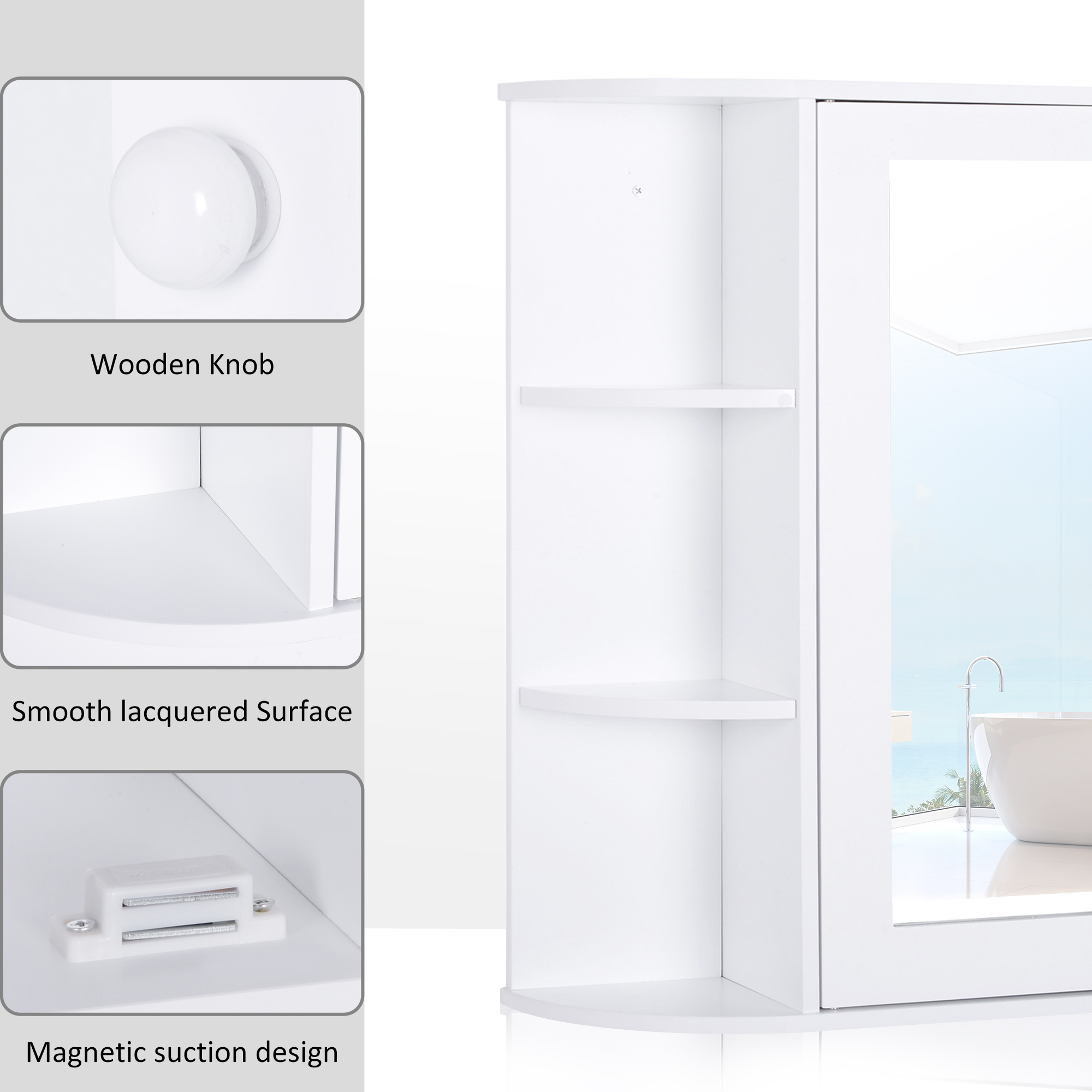 HOMCOM Wall Mounted Bathroom Mirror Cabinet, Single Door Storage Organizer with 2-tier Inner Shelves, White.
