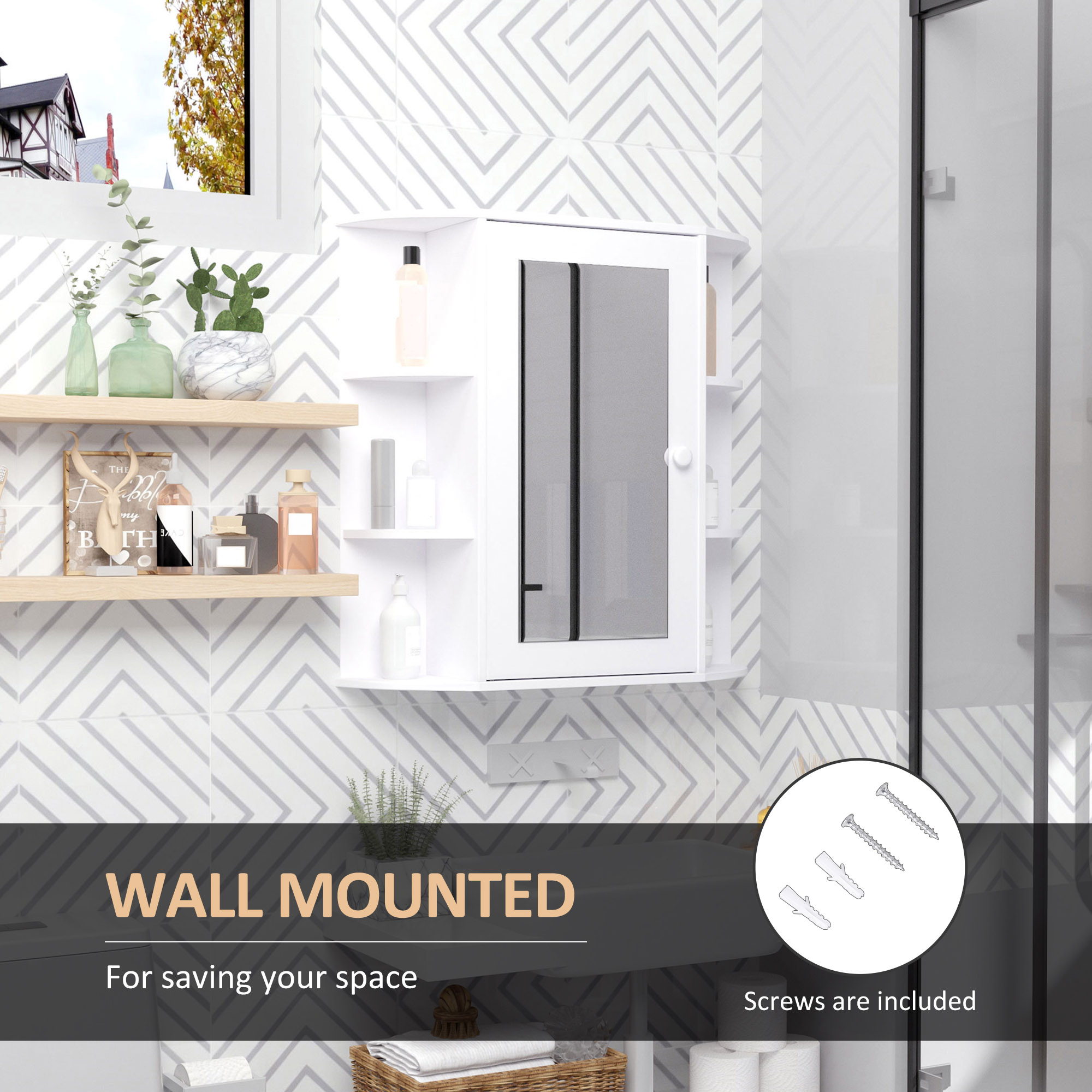 HOMCOM Wall Mounted Bathroom Mirror Cabinet, Single Door Storage Organizer with 2-tier Inner Shelves, White.