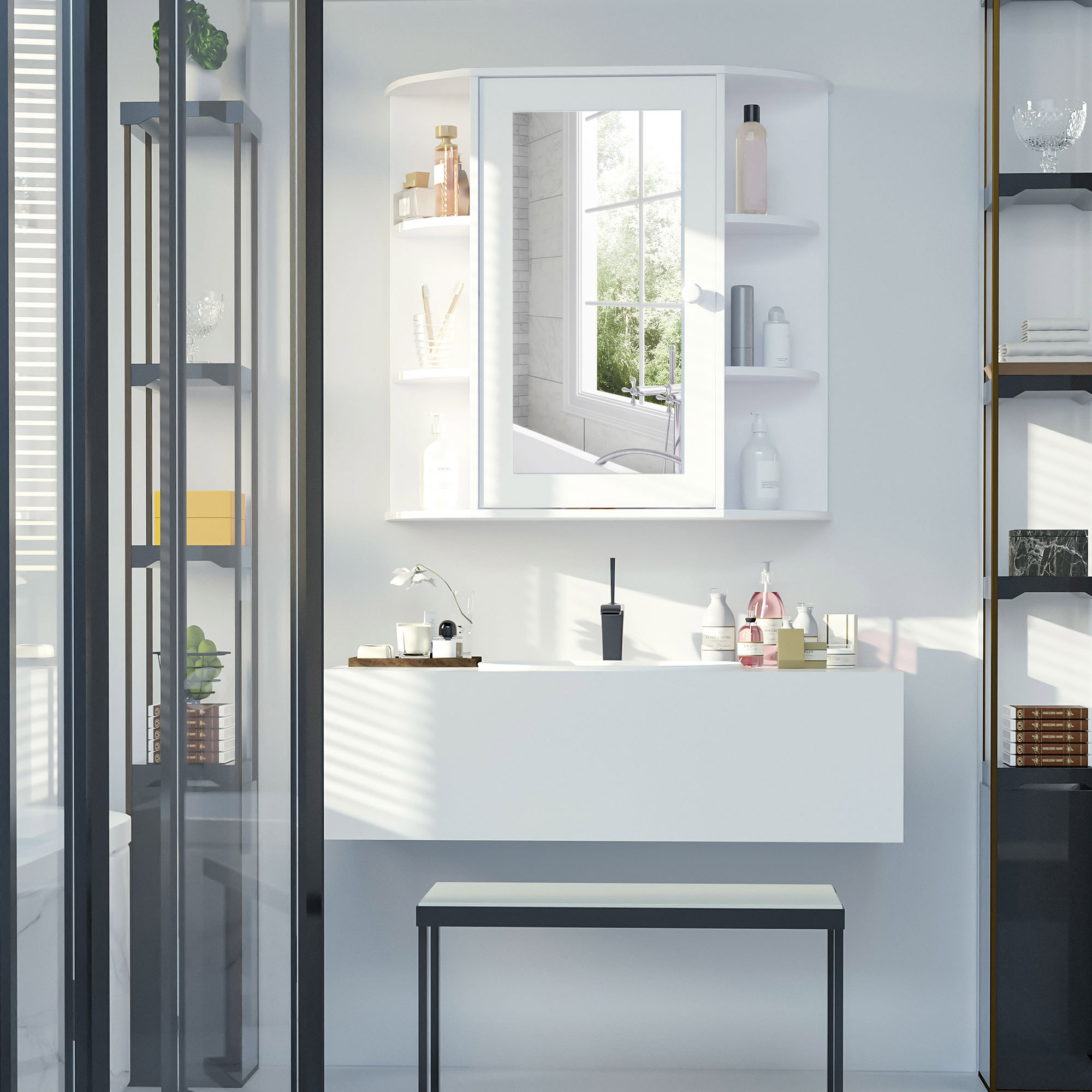 HOMCOM Wall Mounted Bathroom Mirror Cabinet, Single Door Storage Organizer with 2-tier Inner Shelves, White.
