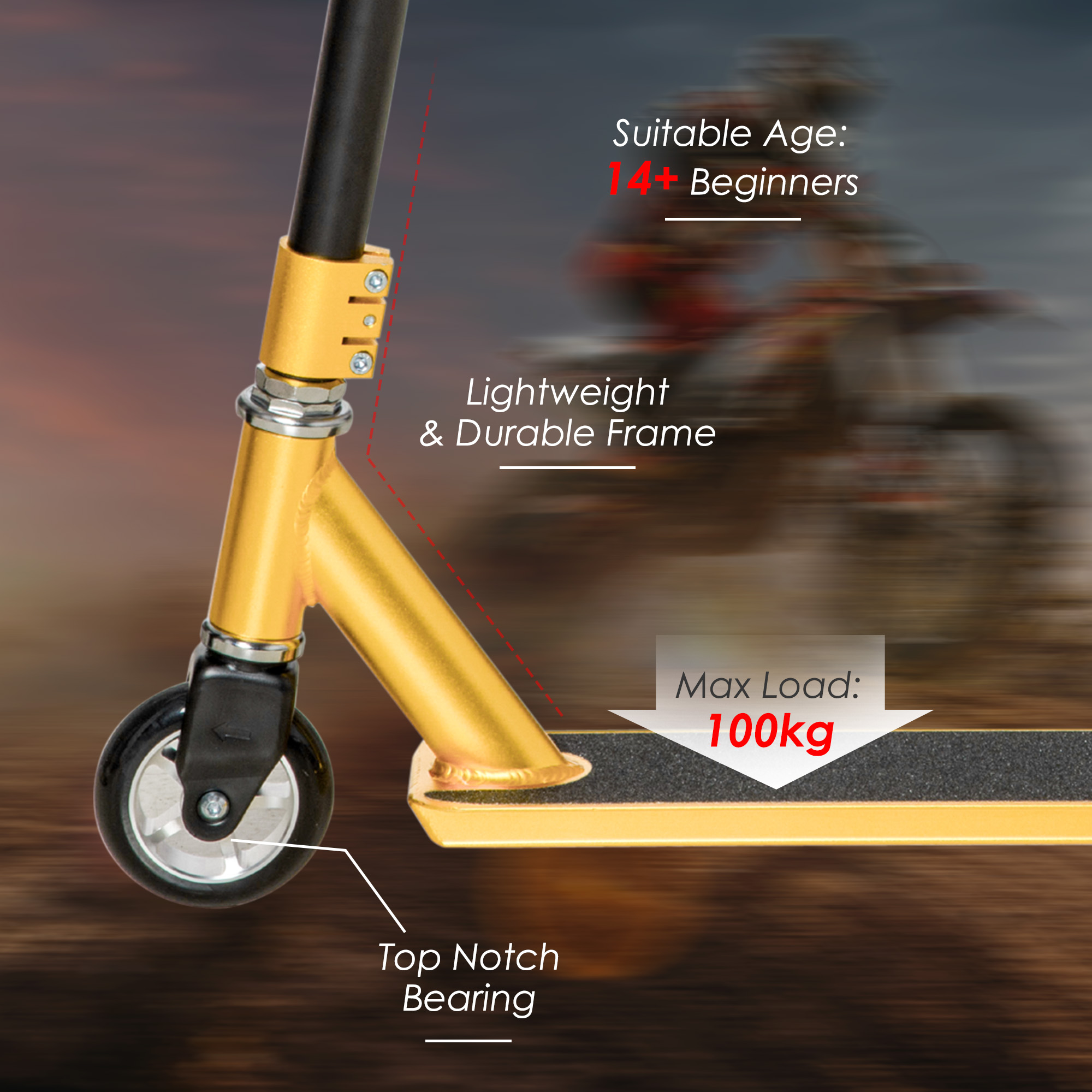 HOMCOM Stunt Scooter for Beginners, 360Â° Tricks, Lightweight Aluminium Deck, ABEC 7 Bearings, Age 14+, Gold Tone