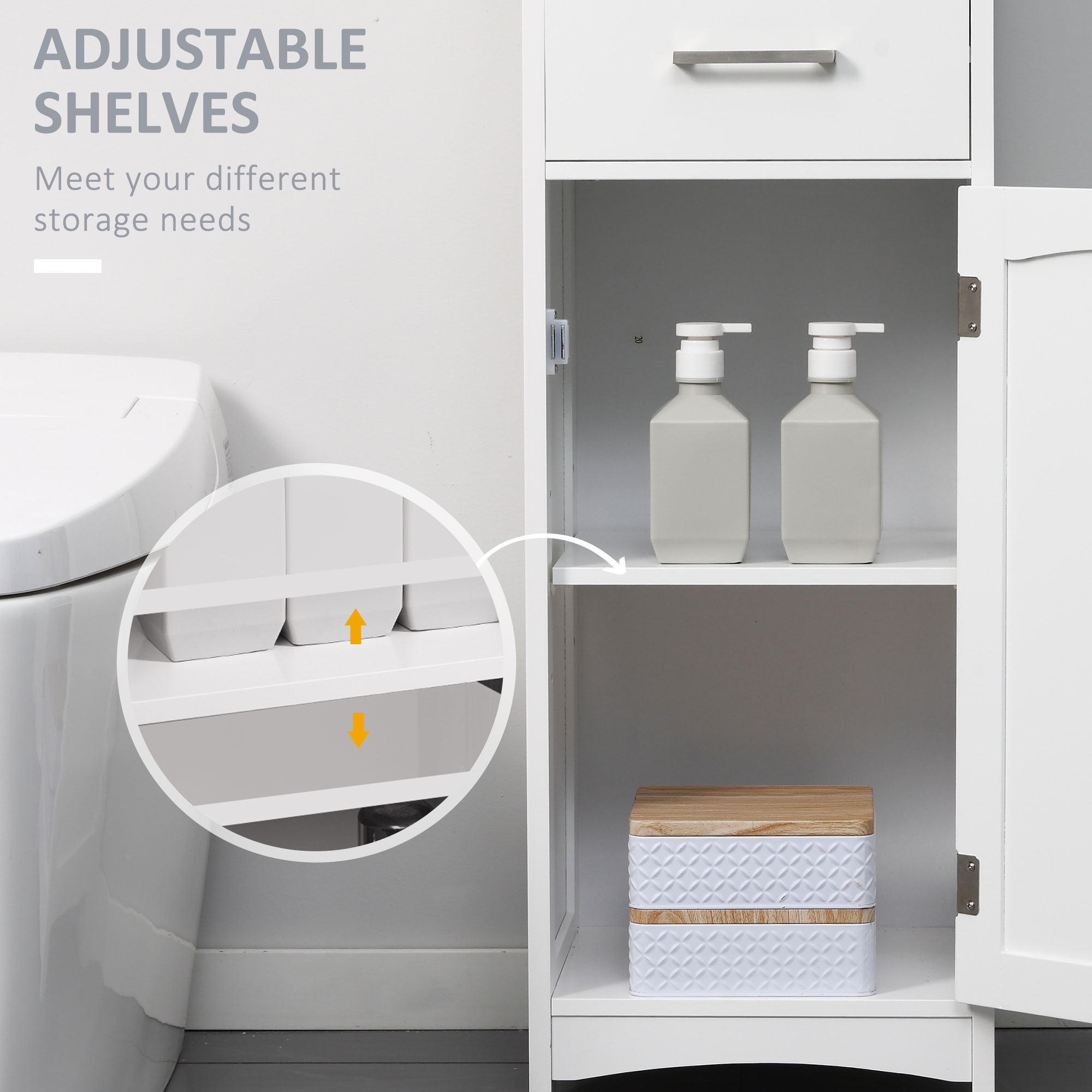Kleankin Tall Linen Tower Bathroom Cabinet, 3 Tier Shelf with Cupboard & Drawer, Slim Side Freestanding Organizer, White