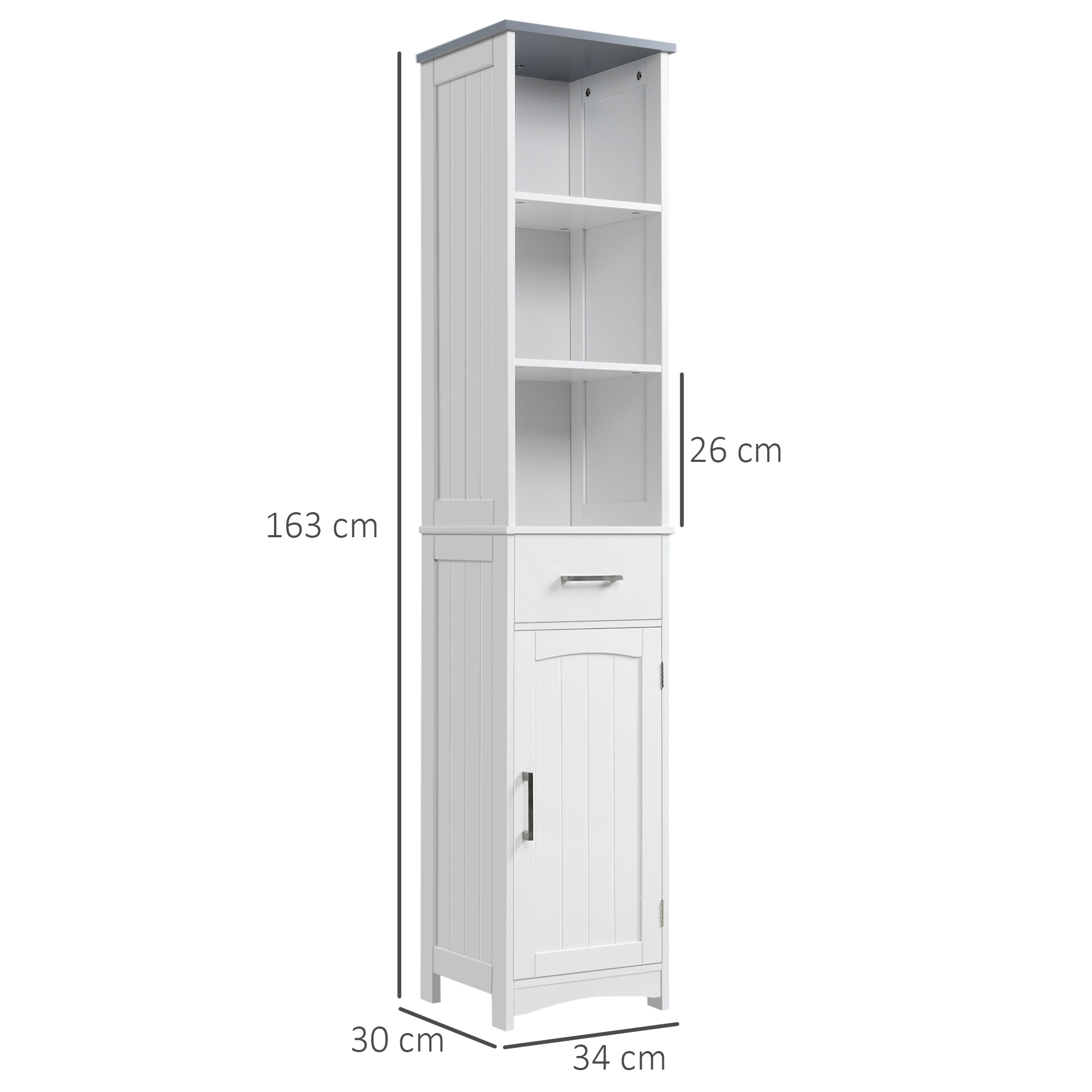 Kleankin Tall Linen Tower Bathroom Cabinet, 3 Tier Shelf with Cupboard & Drawer, Slim Side Freestanding Organizer, White