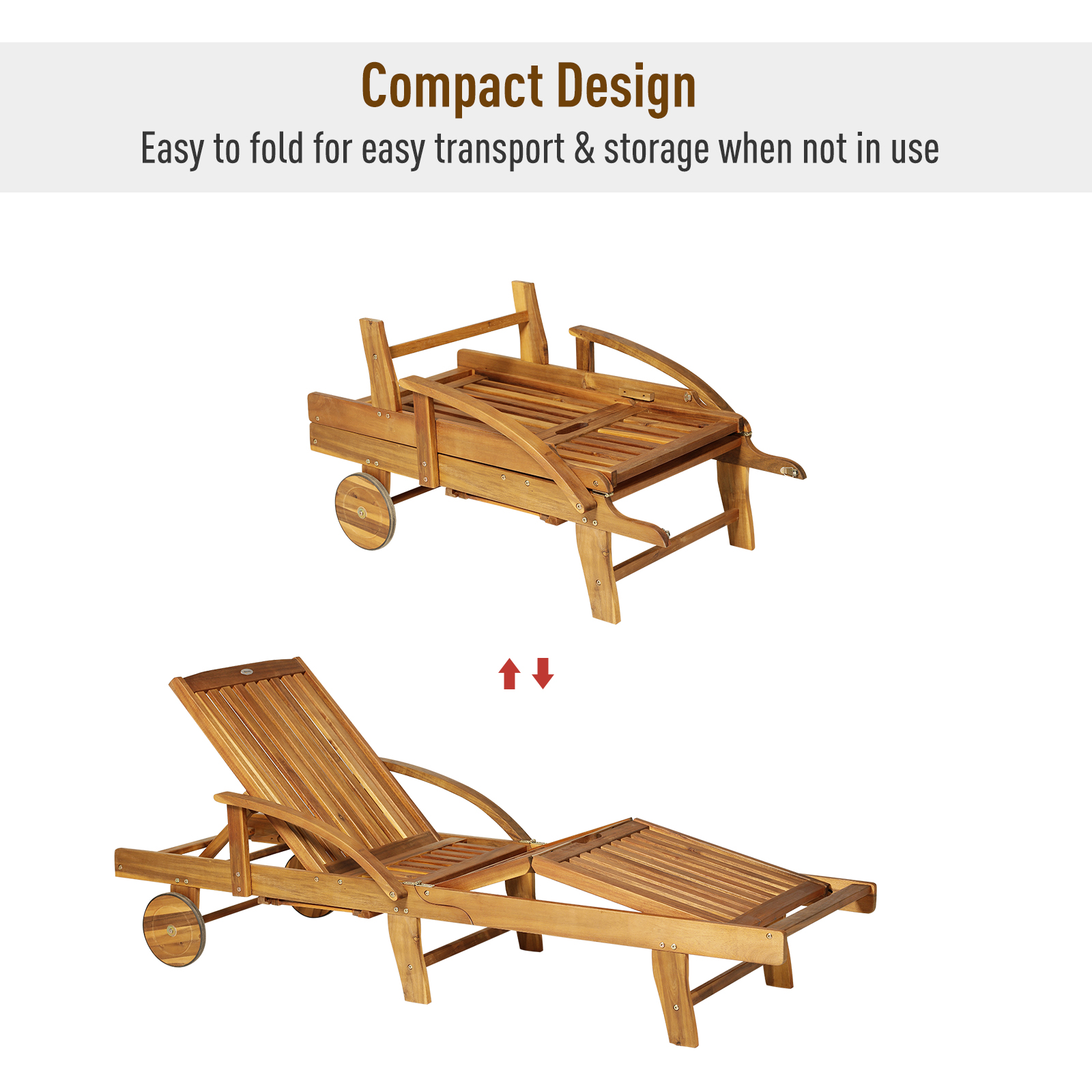 Outsunny Outdoor Garden Patio Wooden Sun Lounger Foldable Recliner Deck  Chair Day Bed Furniture with Wheels