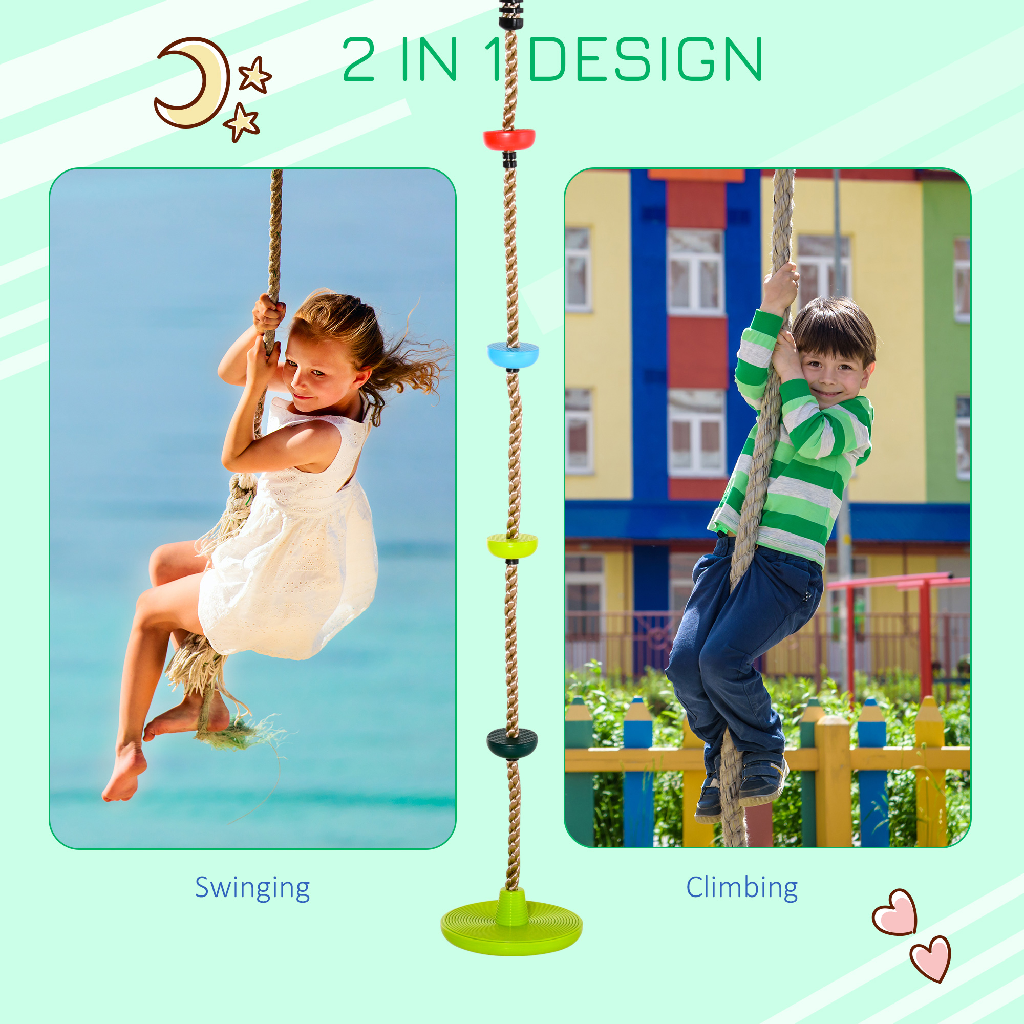 HOMCOM Climbing Rope with Disc Swings and Platforms, Multicolour Outdoor Playset for Backyard Playground