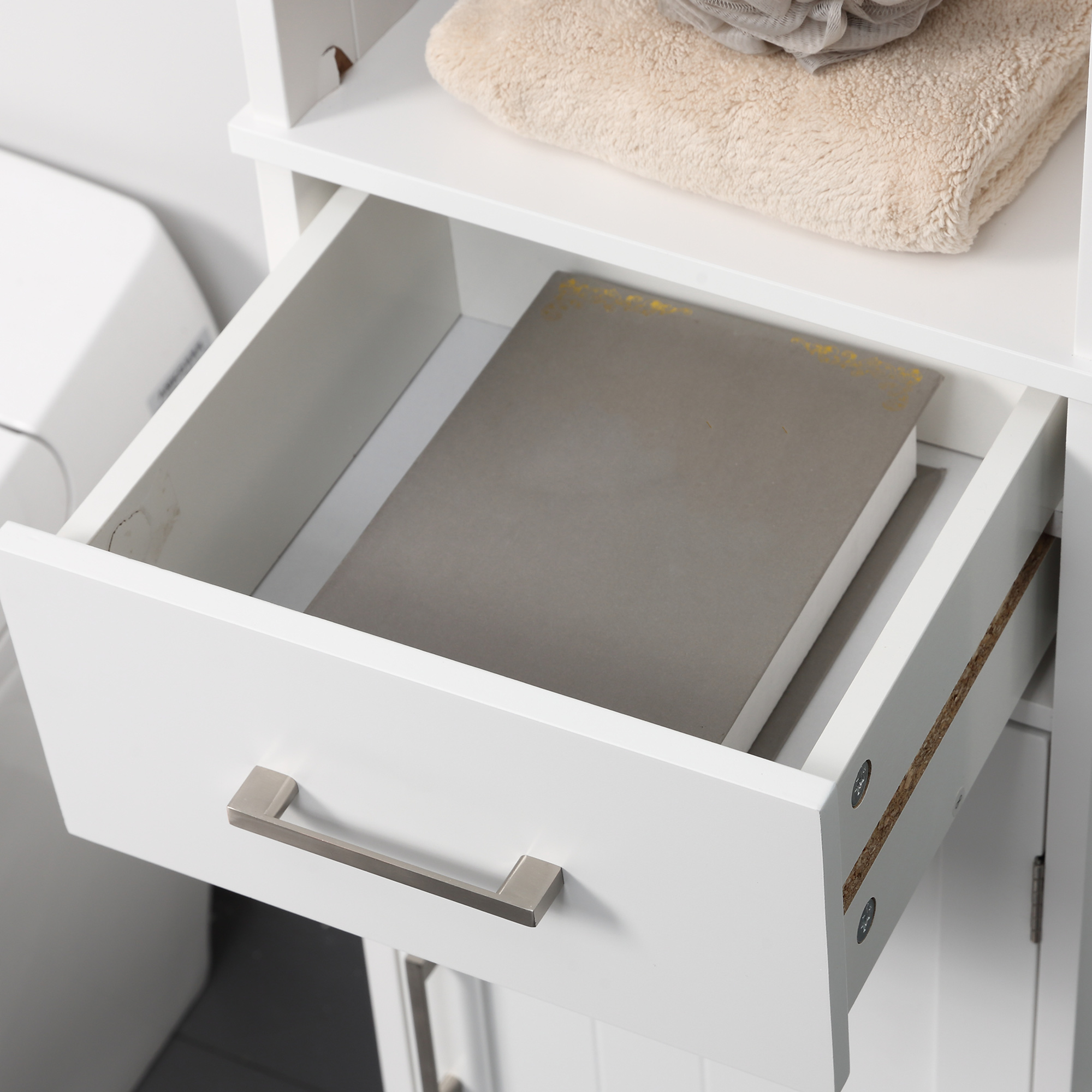 Kleankin Tall Linen Tower Bathroom Cabinet, 3 Tier Shelf with Cupboard & Drawer, Slim Side Freestanding Organizer, White