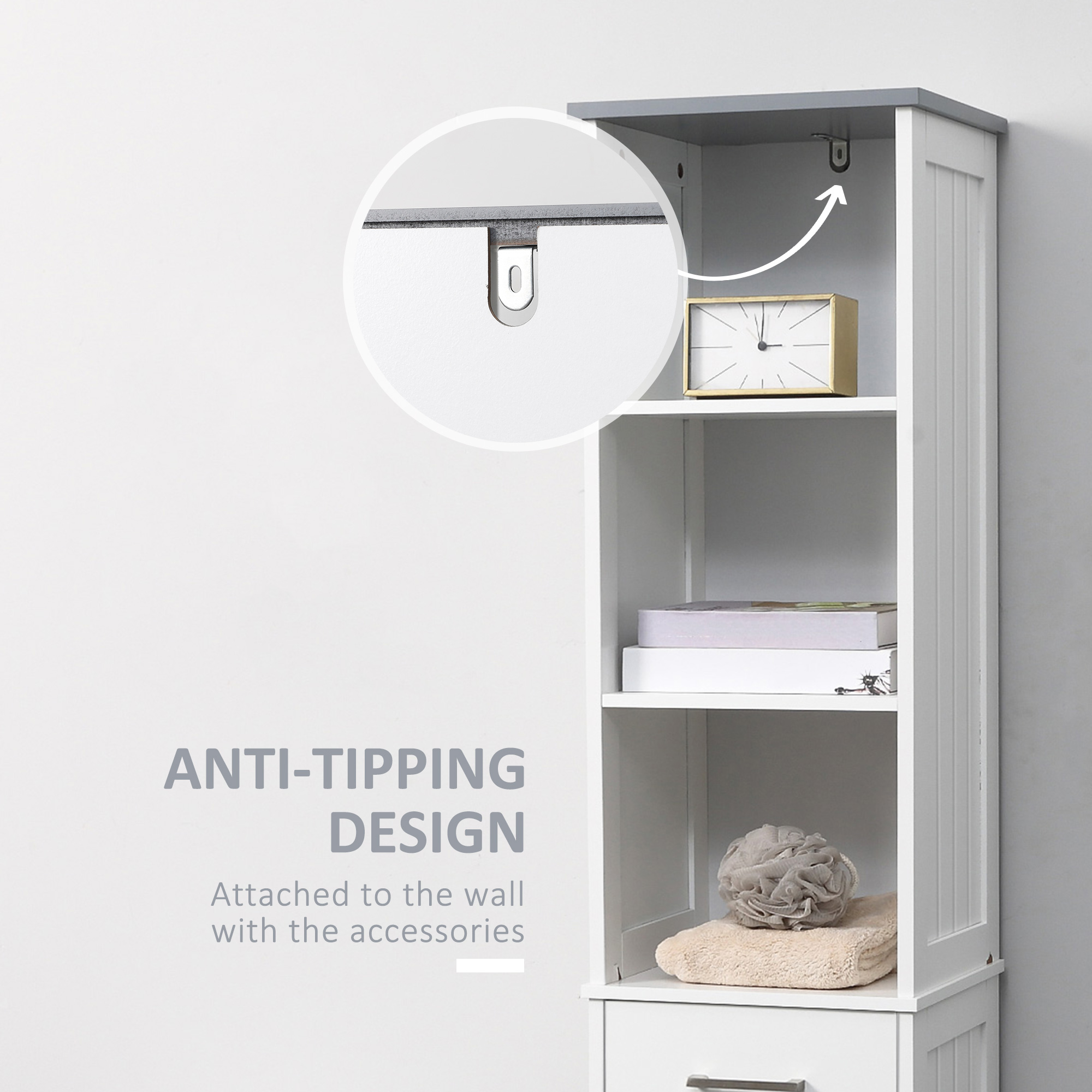 Kleankin Tall Linen Tower Bathroom Cabinet, 3 Tier Shelf with Cupboard & Drawer, Slim Side Freestanding Organizer, White