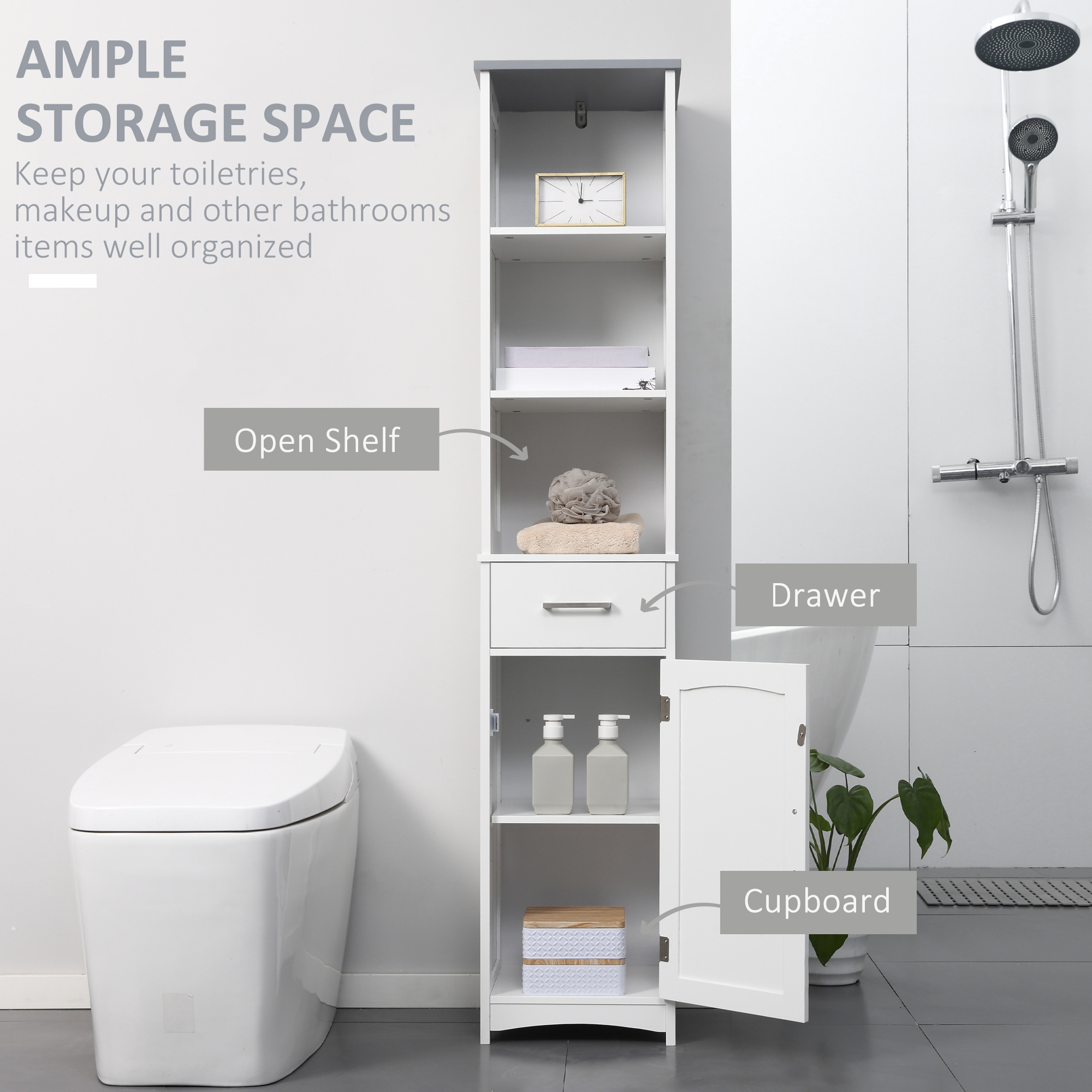 Kleankin Tall Linen Tower Bathroom Cabinet, 3 Tier Shelf with Cupboard & Drawer, Slim Side Freestanding Organizer, White