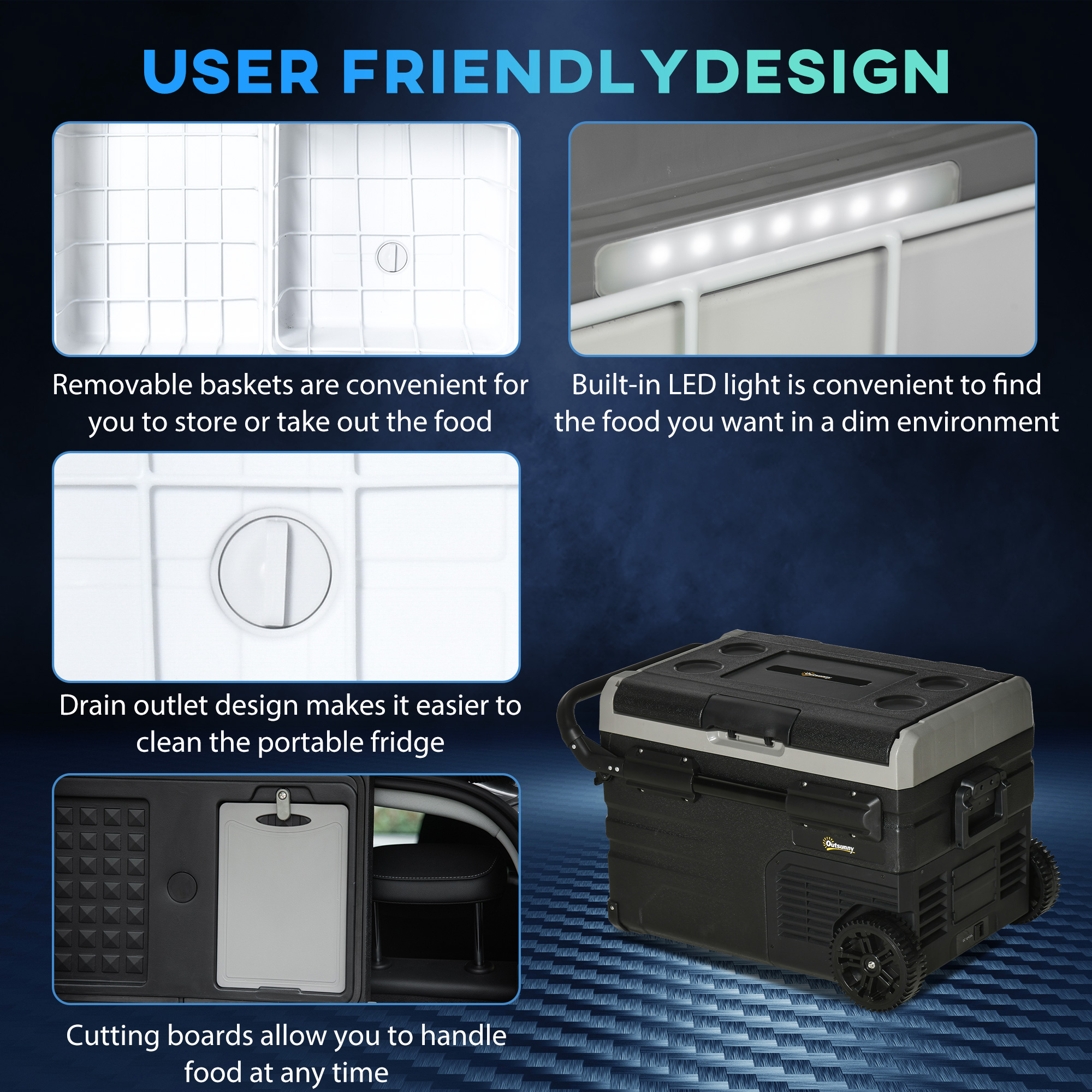 Outsunny 40L Car Refrigerator, Portable Compressor Cooler Box, Fridge Freezer w/ Inner LED Light & Foldable Handles, 12/24V DC and 110-240V AC