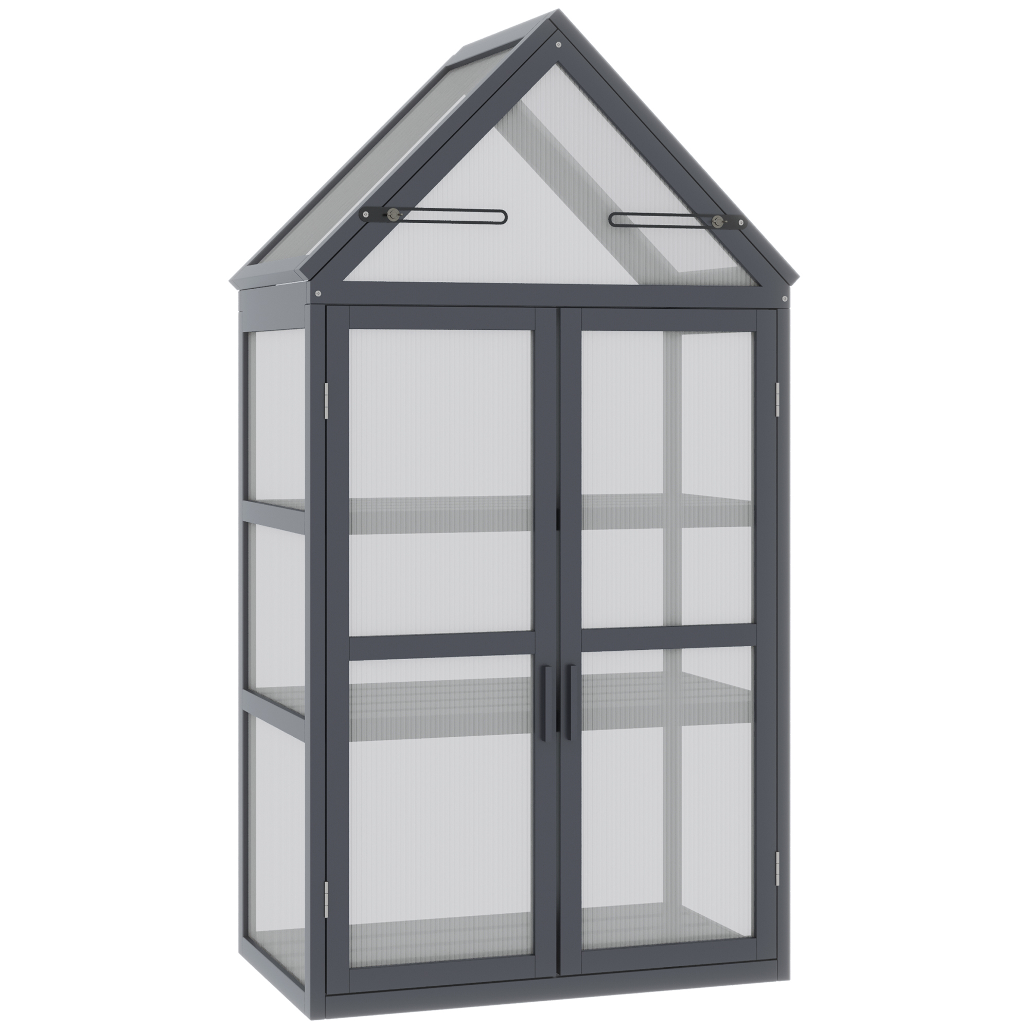 Outsunny Frühbeet Mini Gewächshaus 3 Ebenen Treibhaus Pflanzenbeet mit aufklappbarem Dach Doppeltüren aus Holz Polycarbonat wetterfest 70,5x42x132cm Grau