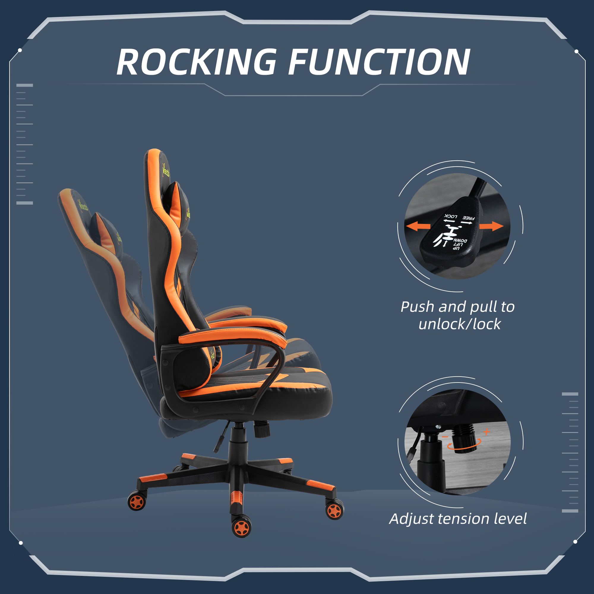 Vinsetto High Back Rocking Gaming Office Chair with Headrest and Lumbar  Support, Rolling Casters Orange