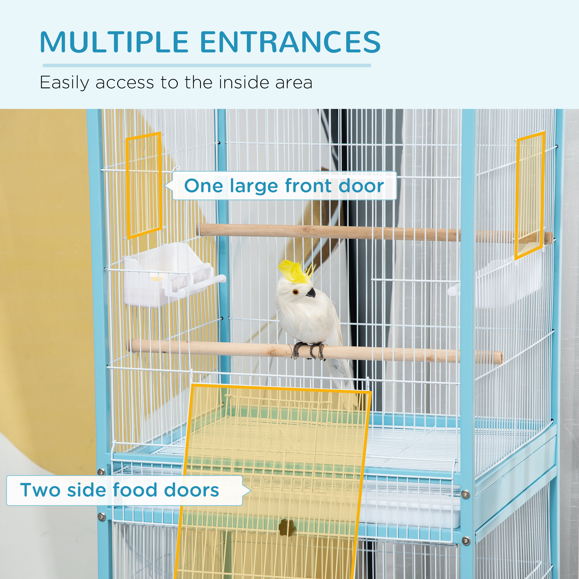 PawHut 2-In-1 Large Bird Cage Aviary, Mobile, Slide-out Trays, Wooden Perch, Feeding Bowls, for Finches Canaries Budgies, Sky Blue