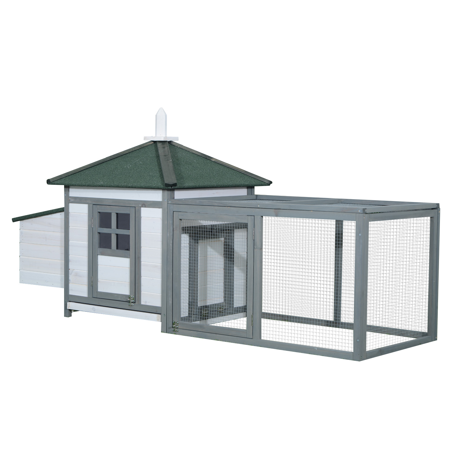 PawHut Pollaio da Giardino per galline in Legno con Vassoio Estraibile,Recinza e Rampa  per galline 196x76x97cm, Bianco e Grigio Aosom.italy