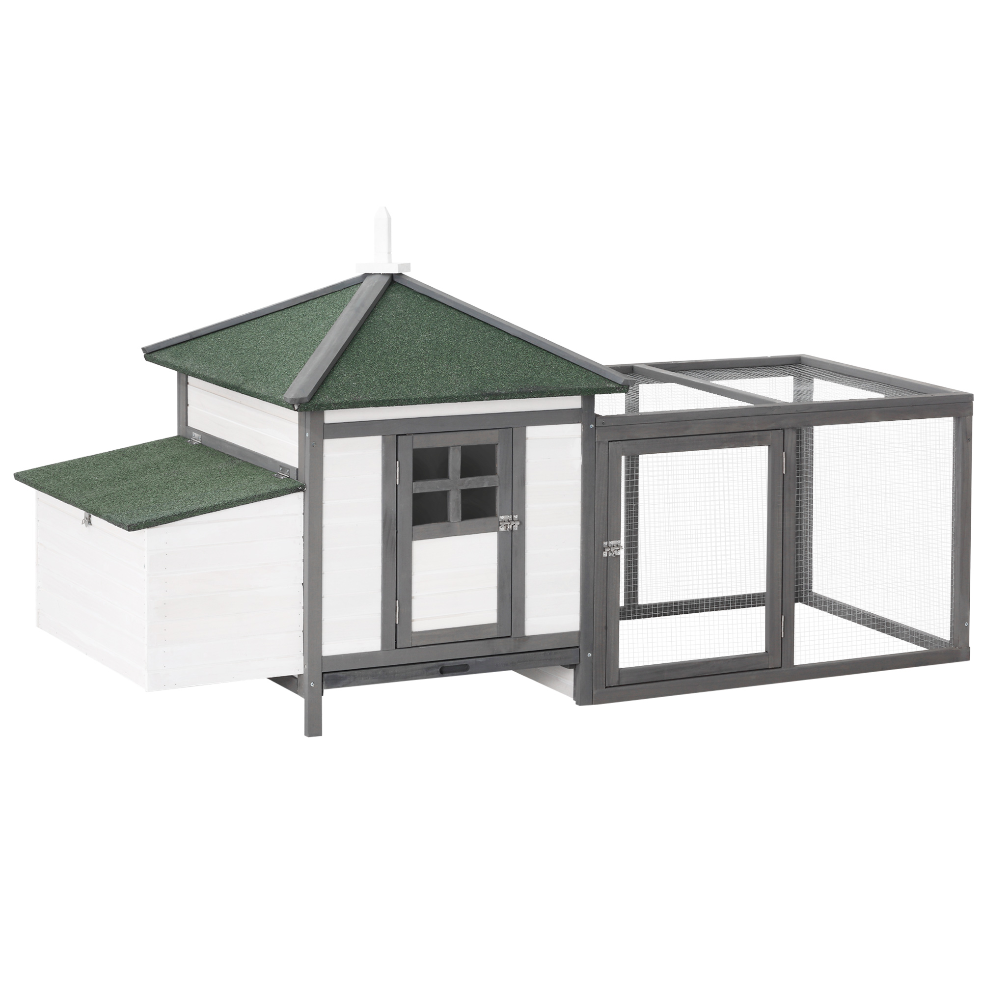 PawHut Galinheiro de madeira de pinho para galinhas exterior com bandeja removível e espaço de corrida 196x76x97 cm Cinza