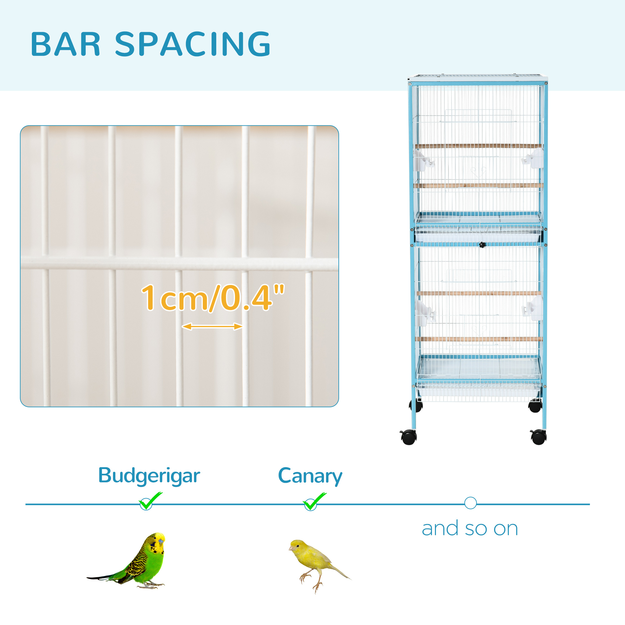 PawHut 2-In-1 Large Bird Cage Aviary, Mobile, Slide-out Trays, Wooden Perch, Feeding Bowls, for Finches Canaries Budgies, Sky Blue