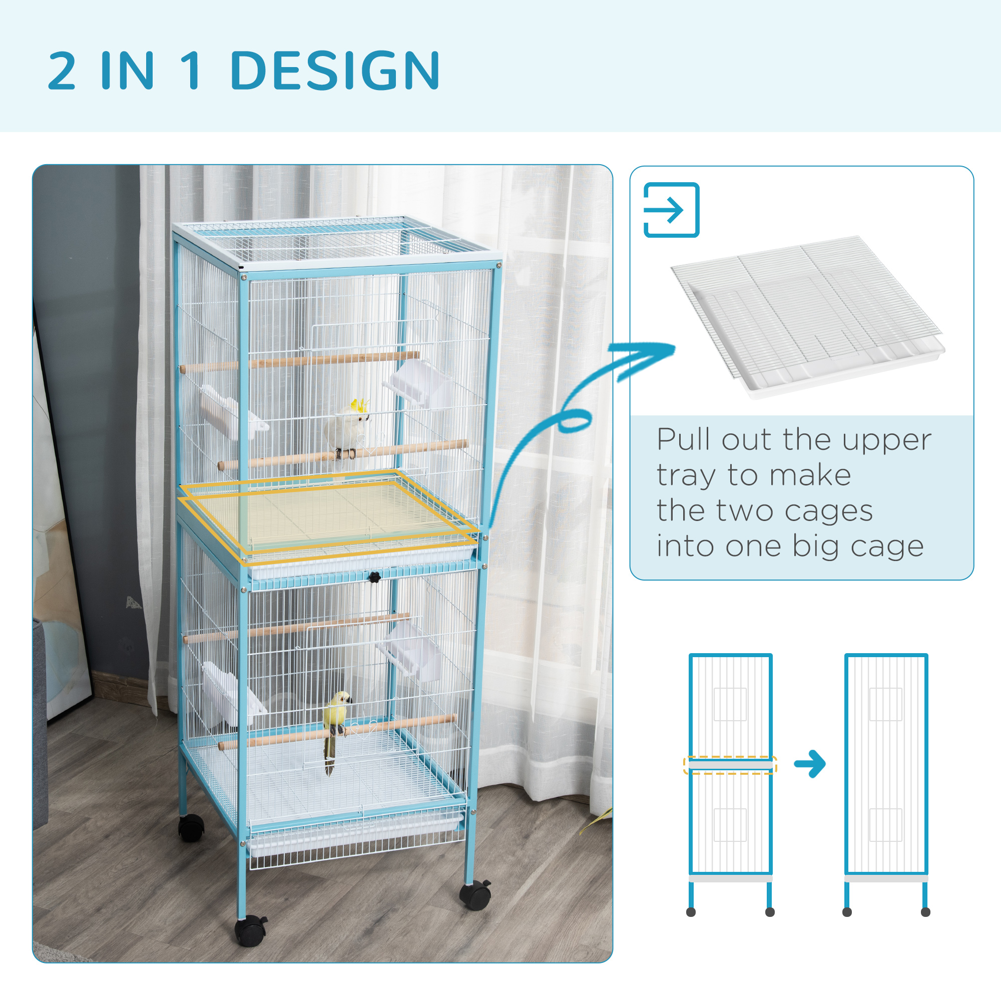 PawHut 2-In-1 Large Bird Cage Aviary, Mobile, Slide-out Trays, Wooden Perch, Feeding Bowls, for Finches Canaries Budgies, Sky Blue