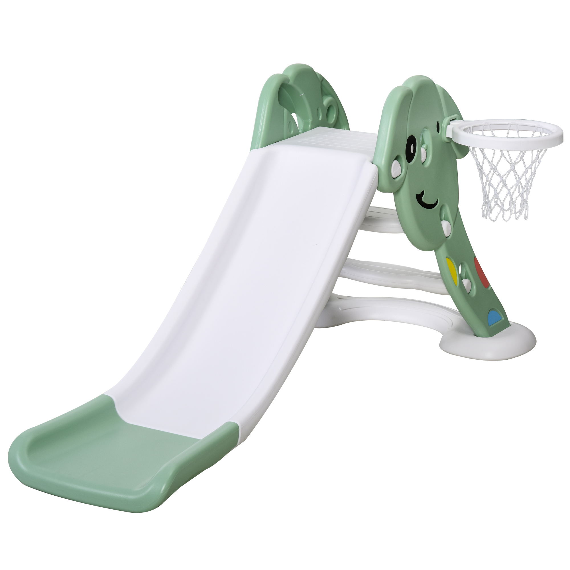 HOMCOM Scivolo per Bambini 1-4 Anni con Canestro, Pallone Basket e Pompetta per Giardino o Cameretta, Verde e Bianco