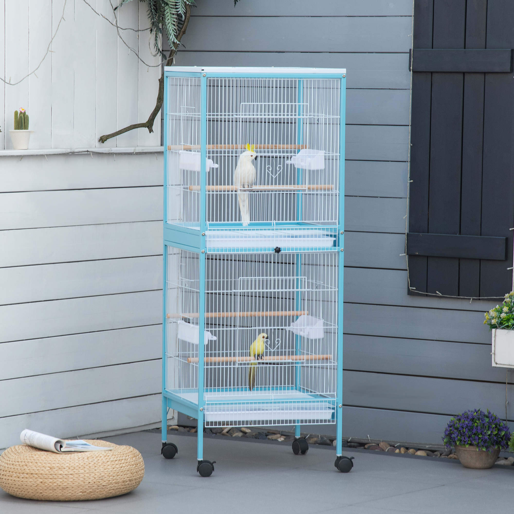 PawHut 2-In-1 Large Bird Cage Aviary, Mobile, Slide-out Trays, Wooden Perch, Feeding Bowls, for Finches Canaries Budgies, Sky Blue