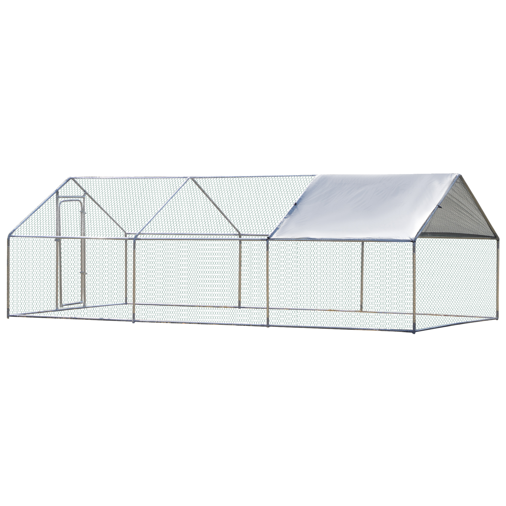 PawHut Gabbia in Metallo Recinto per Galline con Porta richiudibile,Copertura Anti-UV Impermeabile e Rete 303.5L x 600P x 195Acm Argento Aosom.it