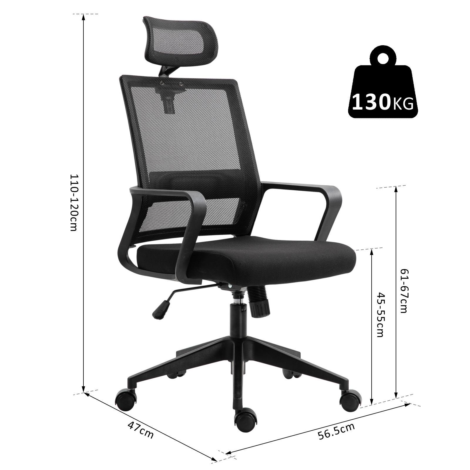 HOMCOM Mesh Swivel Office Chair with Adjustable Headrest, Lumbar Support, Home Task High Back Chair Adjustable Height, Black 3