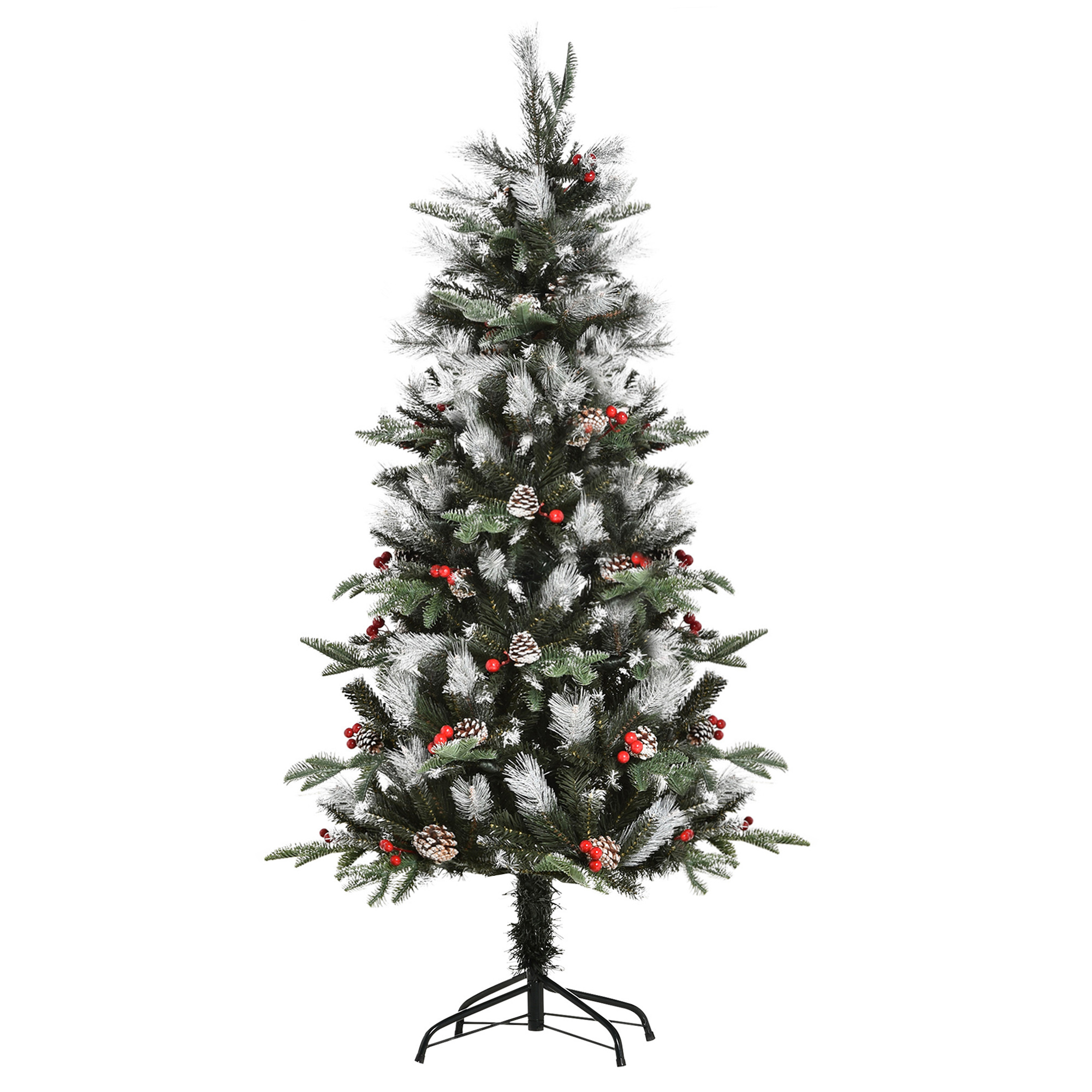 HOMCOM Albero di Natale Innevato con Bacche Rosse e Pigne Bianche, Base Rimovibile Pieghevole, 440 Rami, Φ75x150cm, Verde