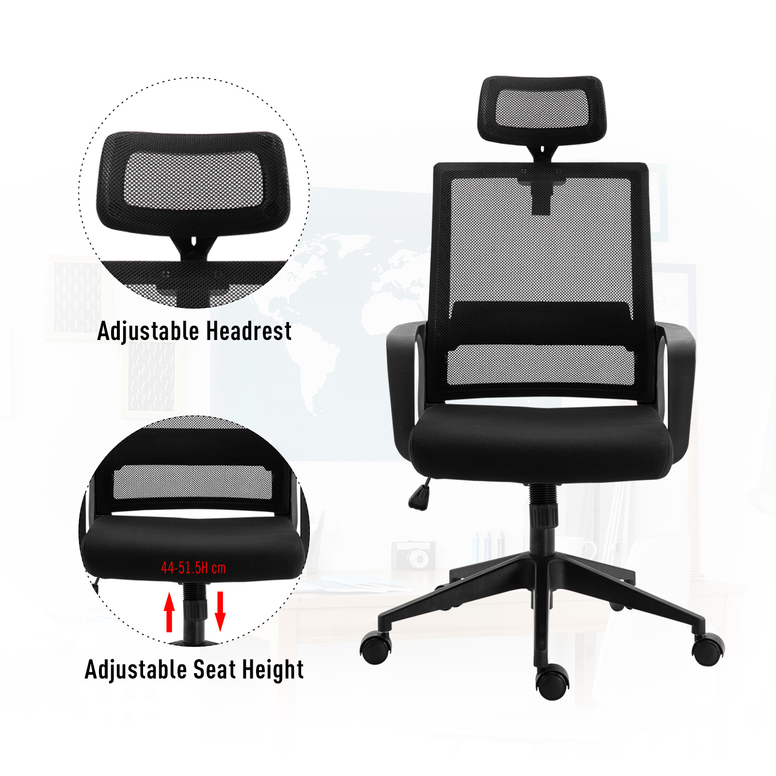 HOMCOM Mesh Swivel Office Chair with Adjustable Headrest, Lumbar Support, Home Task High Back Chair Adjustable Height, Black 6