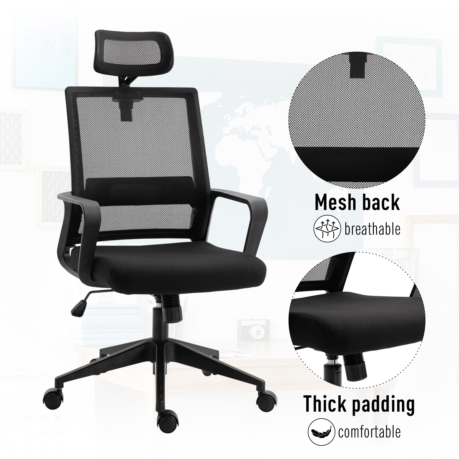HOMCOM Mesh Swivel Office Chair with Adjustable Headrest, Lumbar Support, Home Task High Back Chair Adjustable Height, Black 7