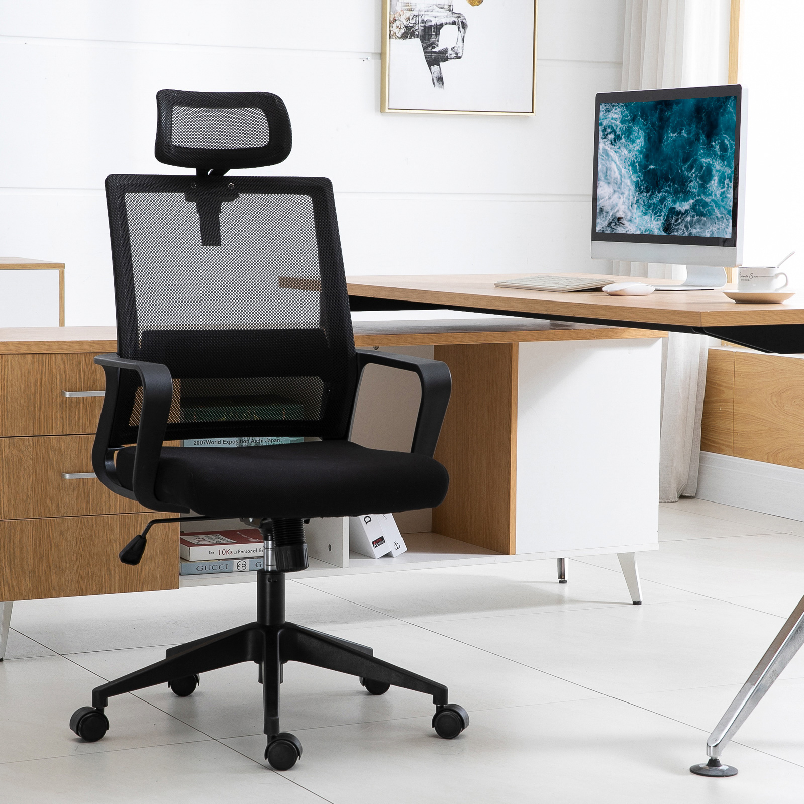 HOMCOM Mesh Swivel Office Chair with Adjustable Headrest, Lumbar Support, Home Task High Back Chair Adjustable Height, Black 2