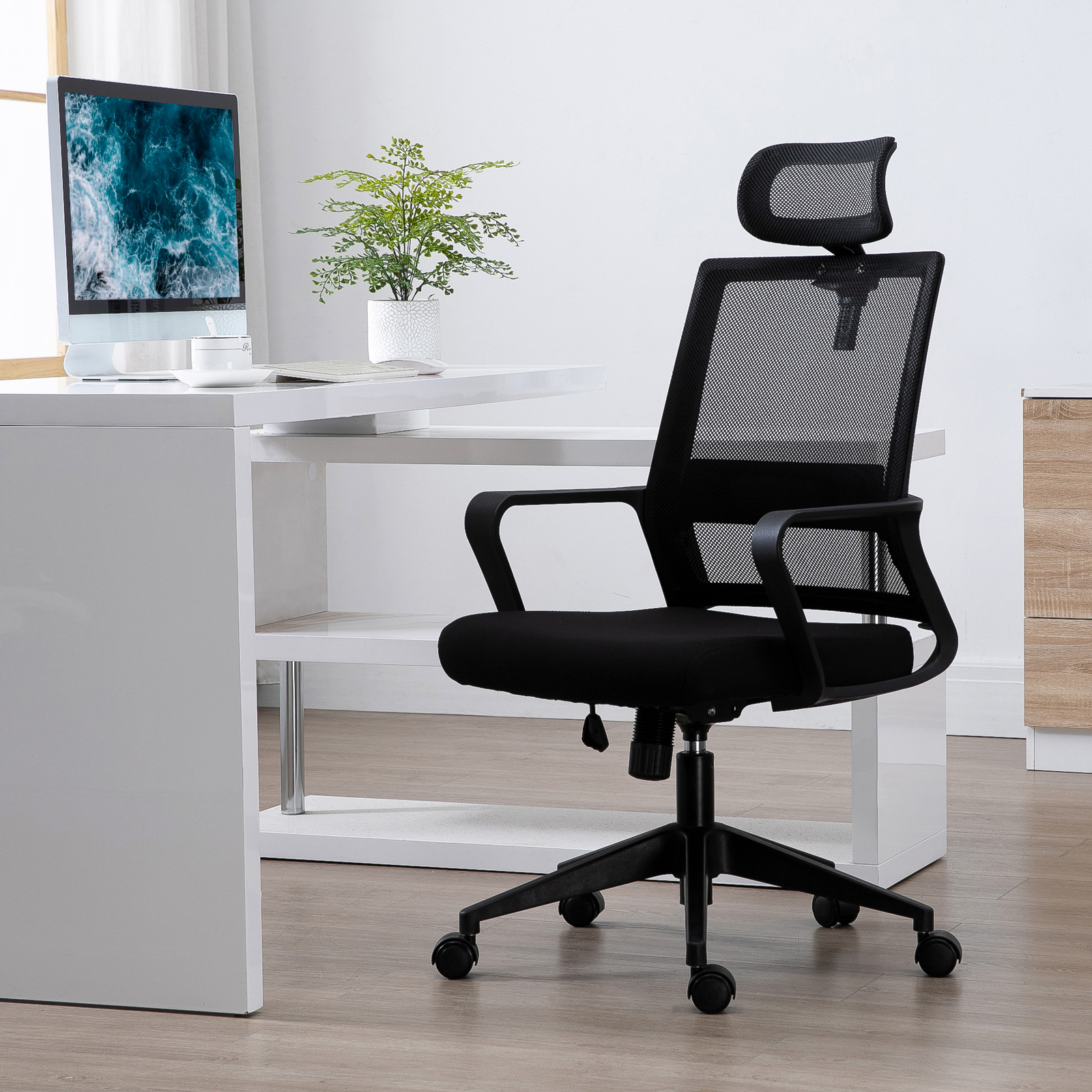 HOMCOM Mesh Swivel Office Chair with Adjustable Headrest, Lumbar Support, Home Task High Back Chair Adjustable Height, Black 9